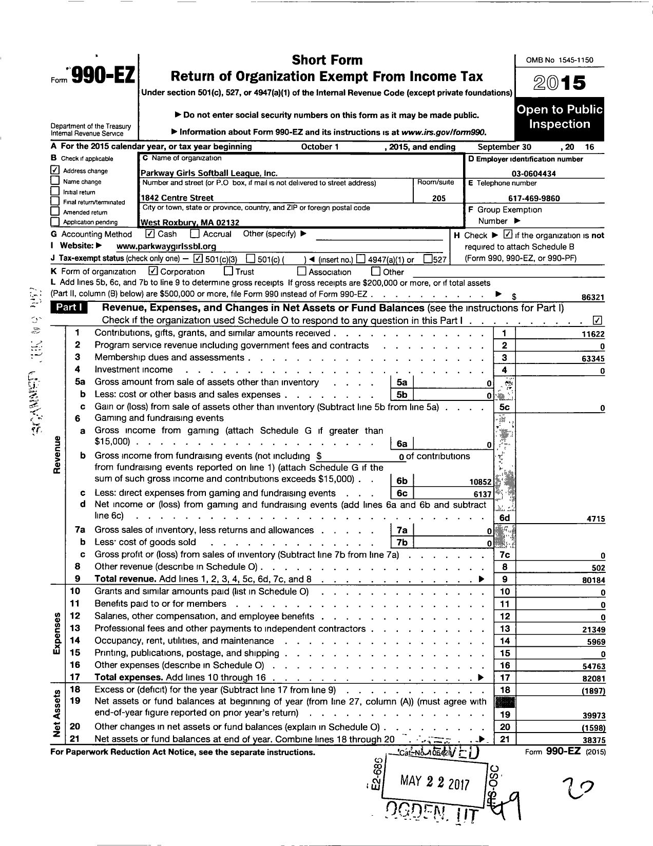 Image of first page of 2015 Form 990EZ for Parkway Girls Softball League