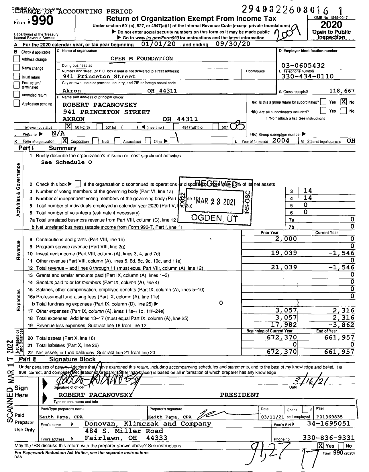 Image of first page of 2019 Form 990 for Open M Foundation