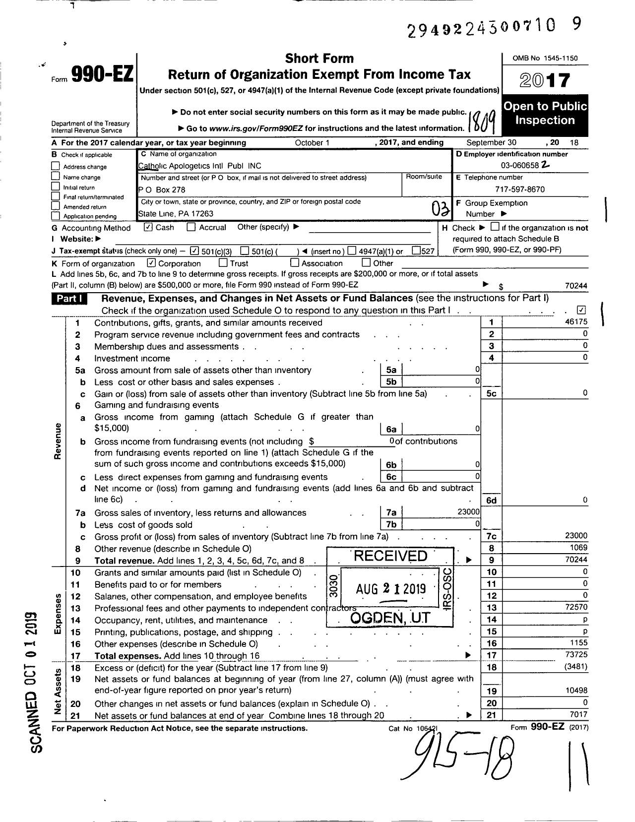 Image of first page of 2017 Form 990EZ for Catholic Apologetics International Publishing Incorporated