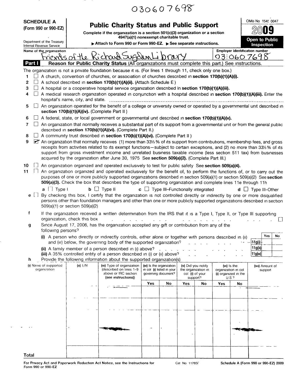 Image of first page of 2009 Form 990ER for Friends of the Richard Fugden Library