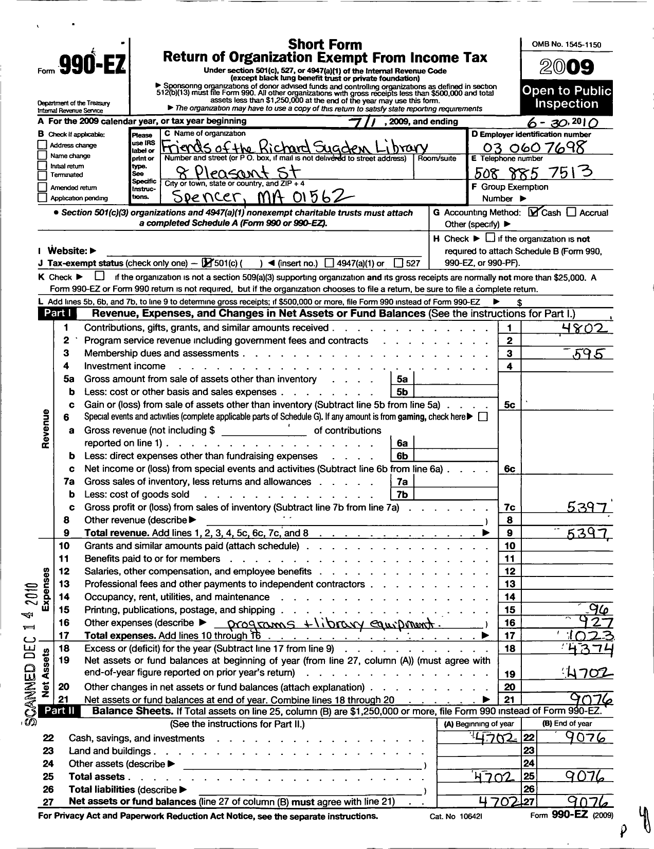 Image of first page of 2009 Form 990EO for Friends of the Richard Fugden Library