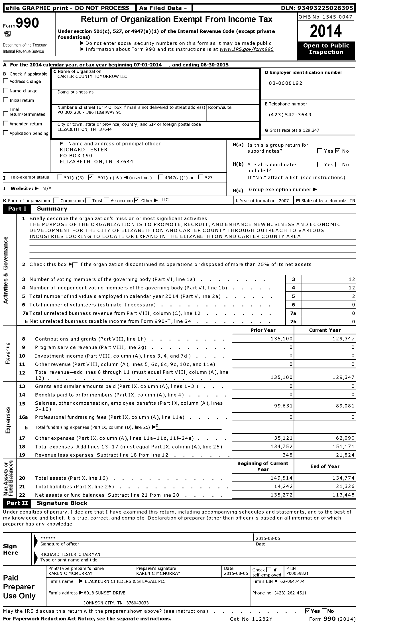 Image of first page of 2014 Form 990O for Carter County Tomorrow LLC