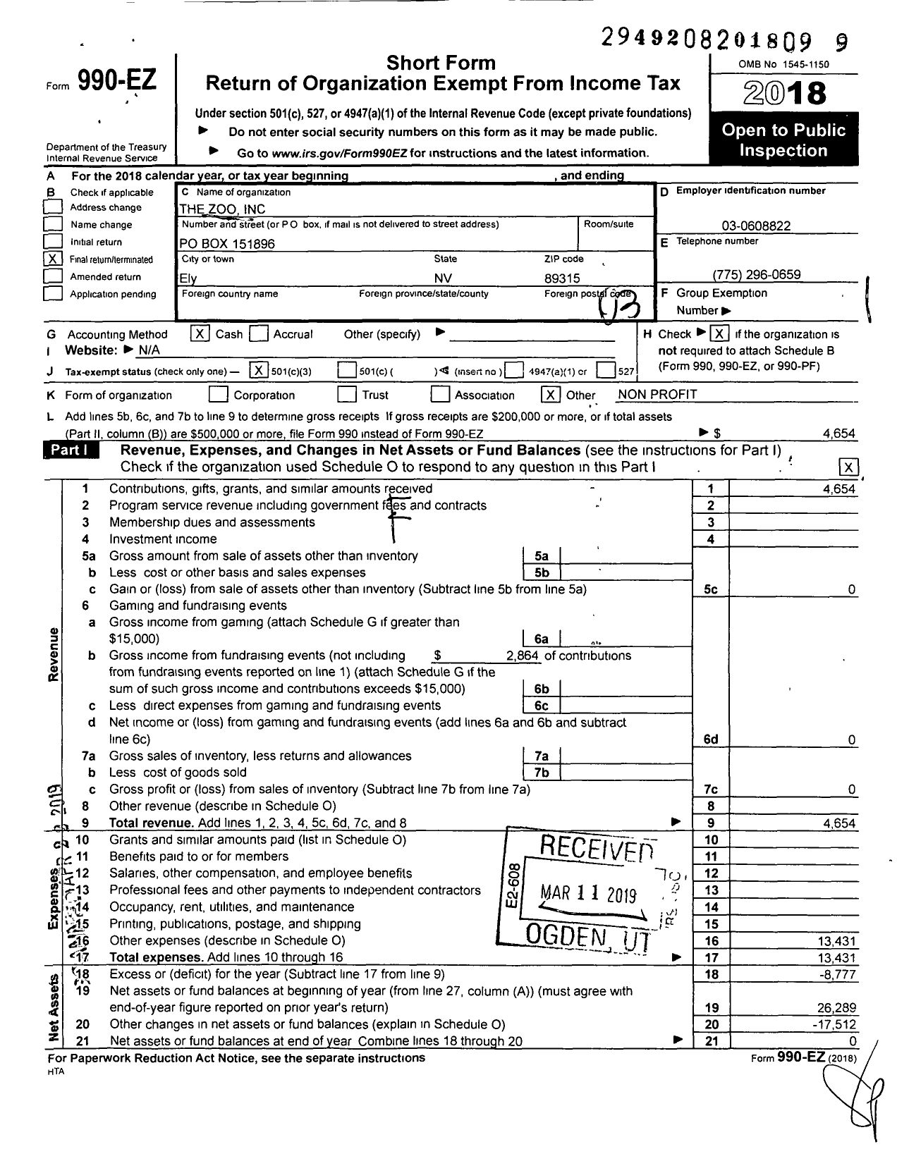 Image of first page of 2018 Form 990EZ for Zoo