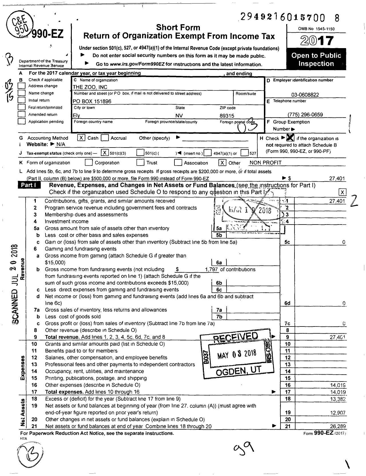 Image of first page of 2017 Form 990EZ for Zoo