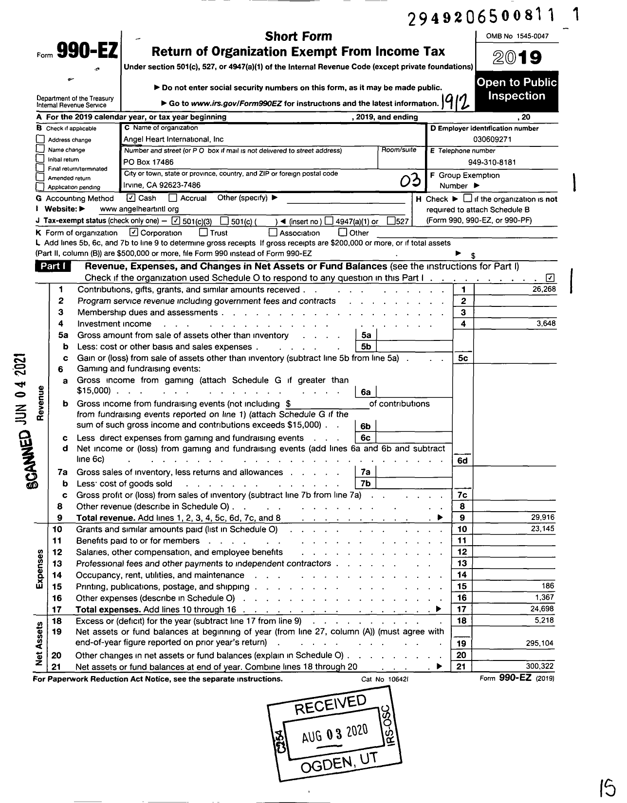 Image of first page of 2019 Form 990EZ for Angel Heart International