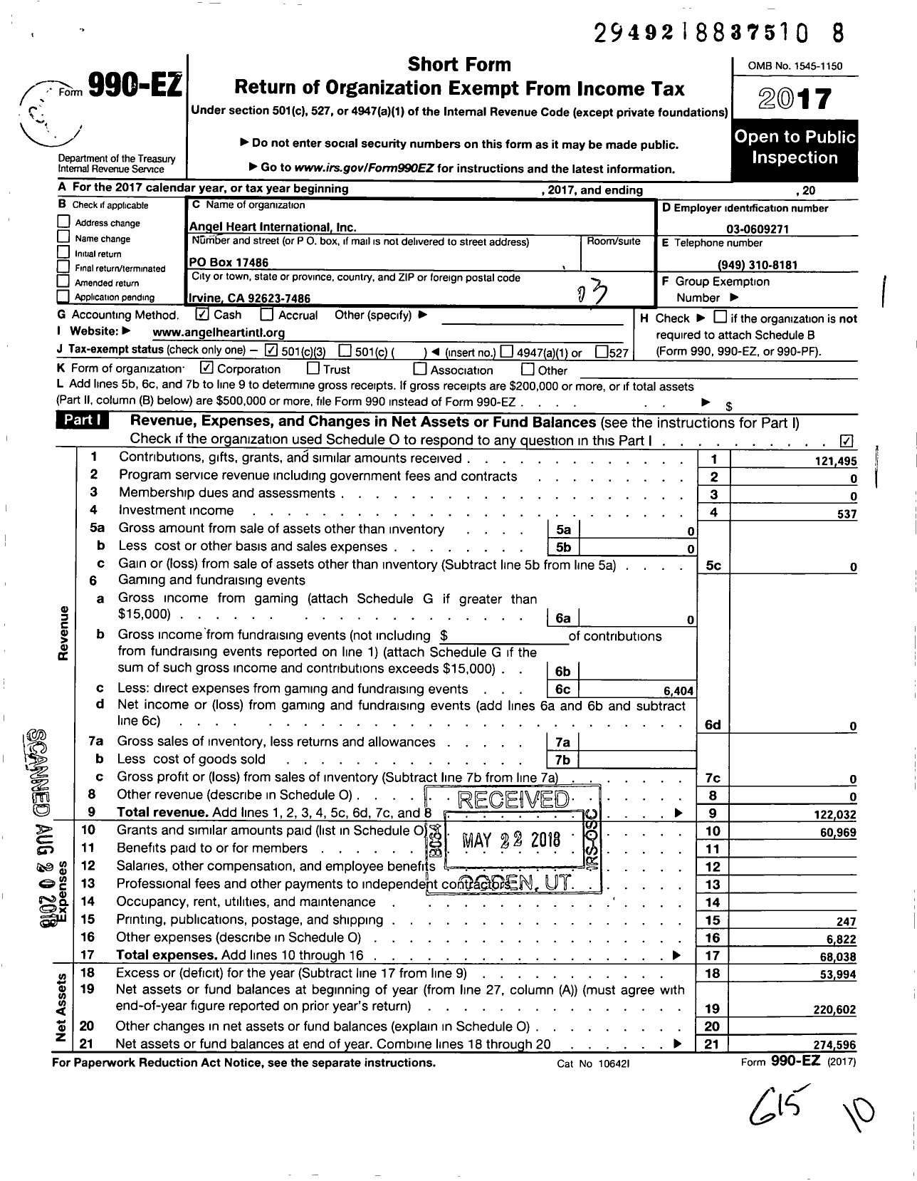 Image of first page of 2017 Form 990EZ for Angel Heart International