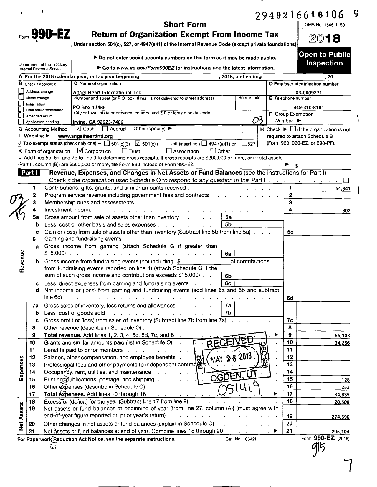 Image of first page of 2018 Form 990EZ for Angel Heart International