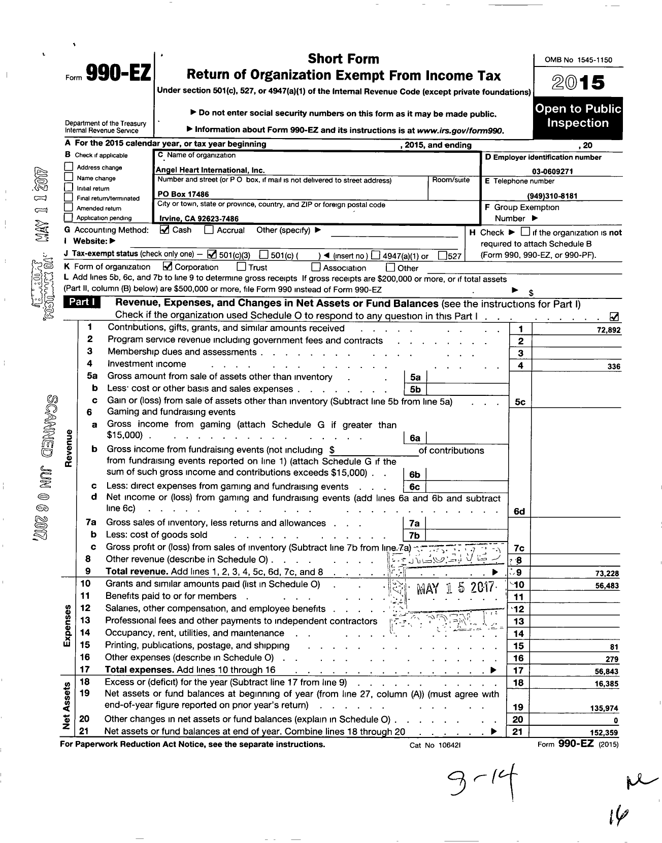 Image of first page of 2015 Form 990EZ for Angel Heart International