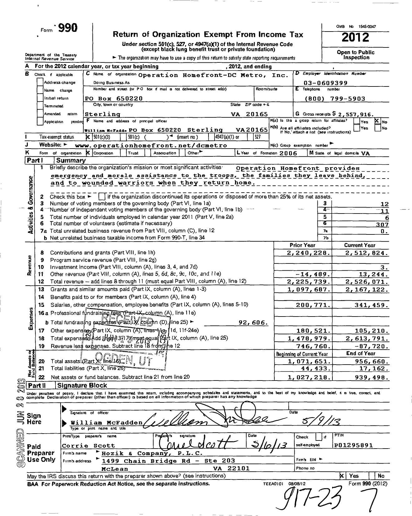 Image of first page of 2012 Form 990 for Operation Homefront DC Metro