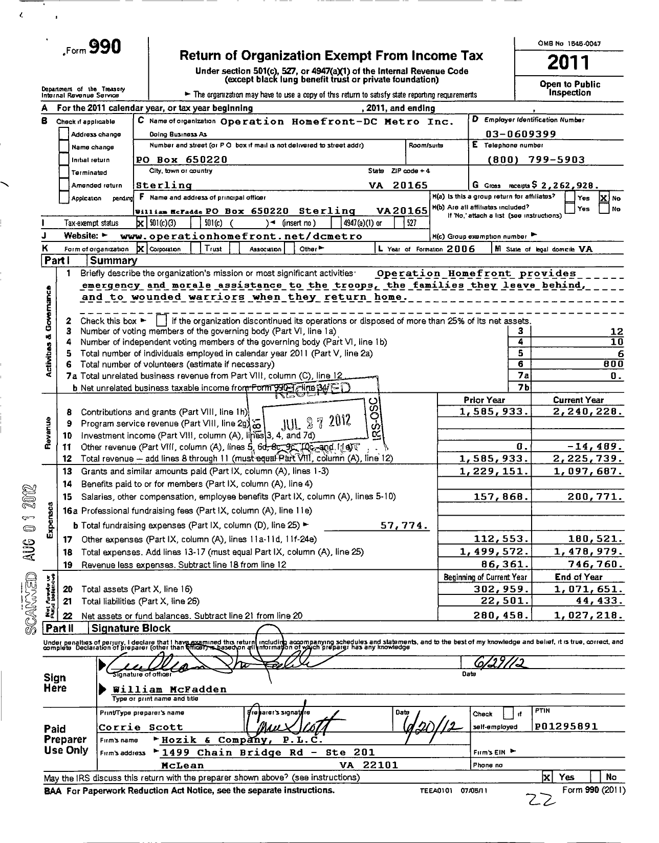 Image of first page of 2011 Form 990 for Operation Homefront DC Metro