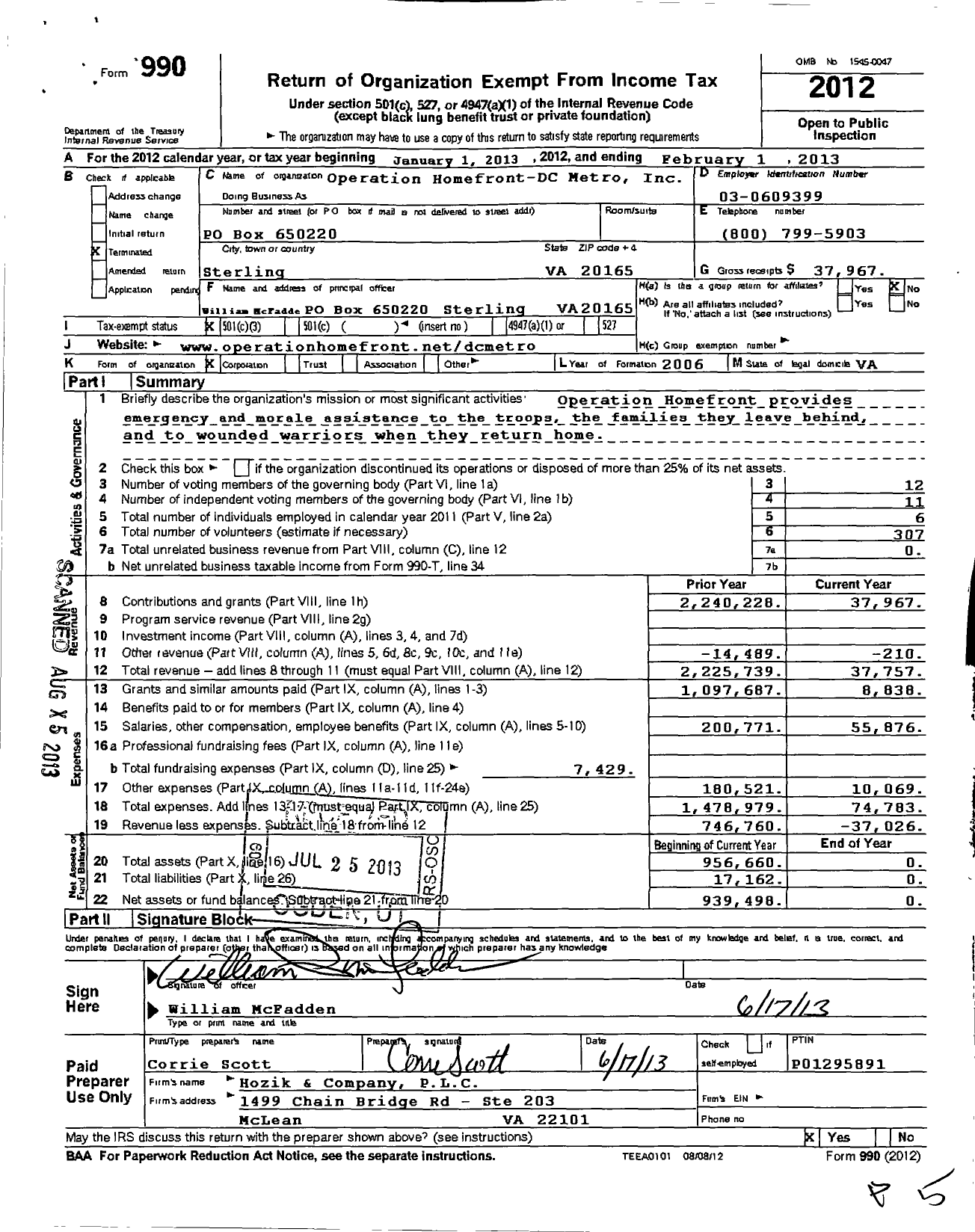 Image of first page of 2012 Form 990 for Operation Homefront DC Metro