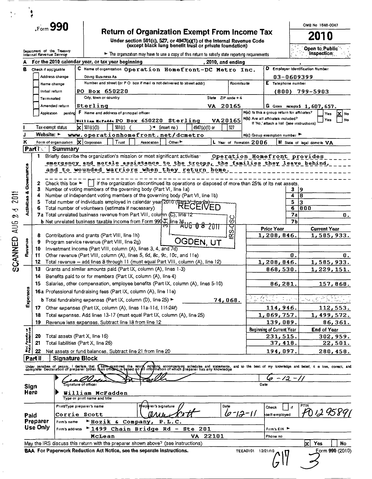 Image of first page of 2010 Form 990 for Operation Homefront DC Metro