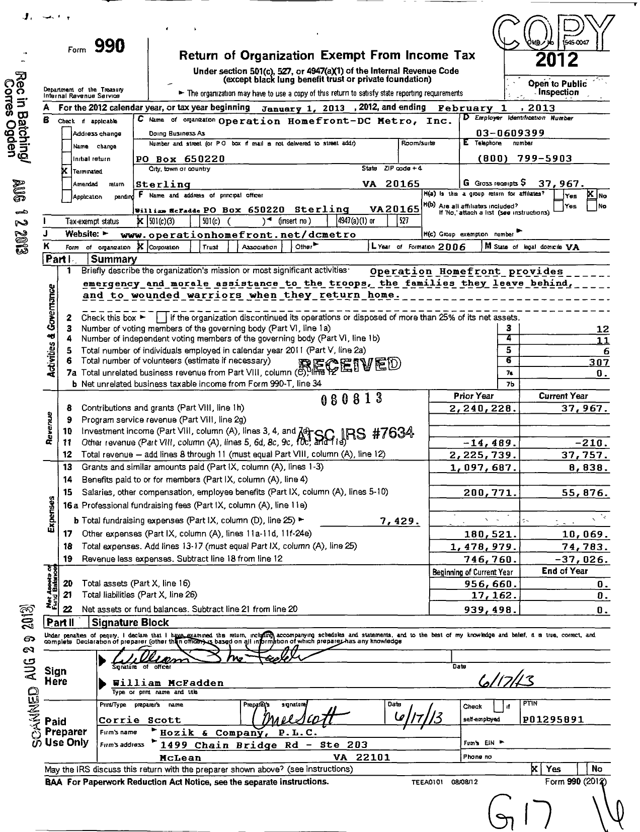 Image of first page of 2012 Form 990 for Operation Homefront DC Metro