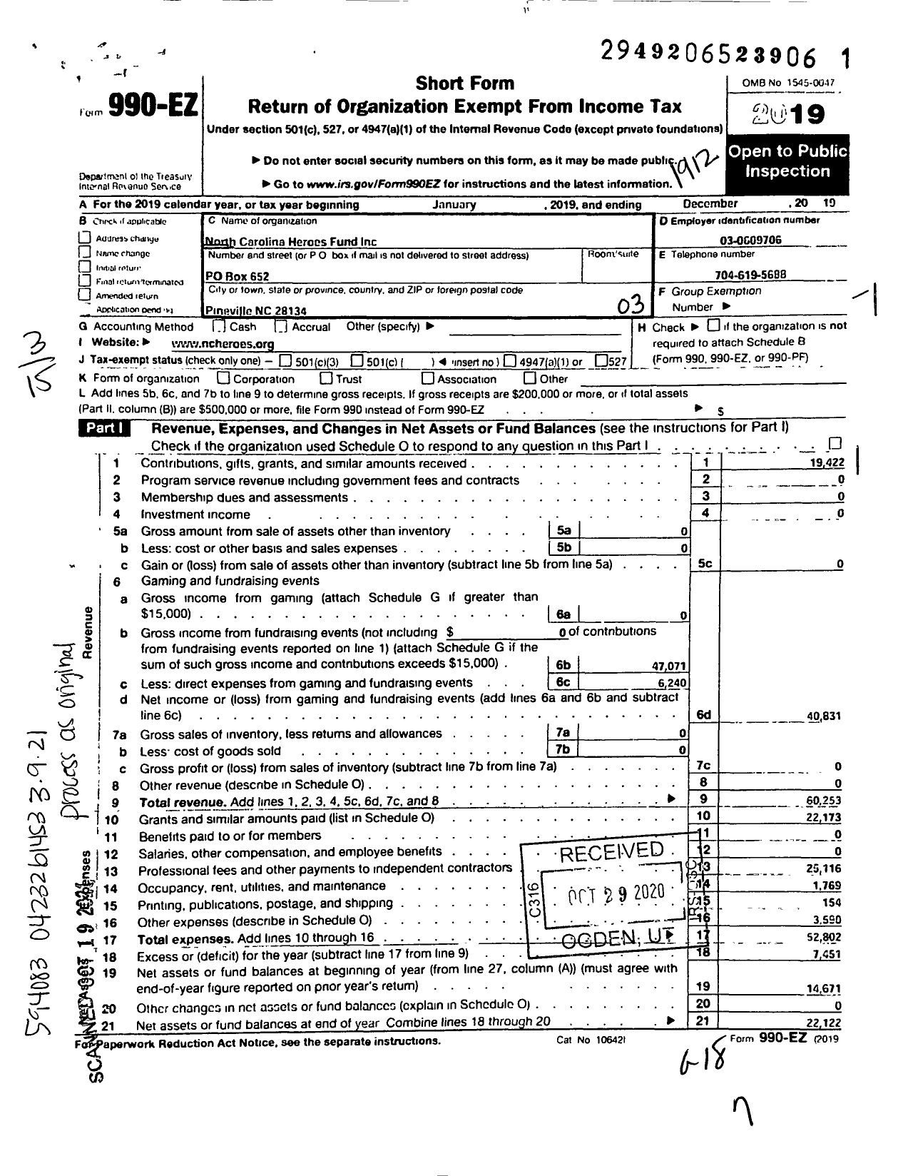 Image of first page of 2019 Form 990EZ for North Carolina Heroes' Fund