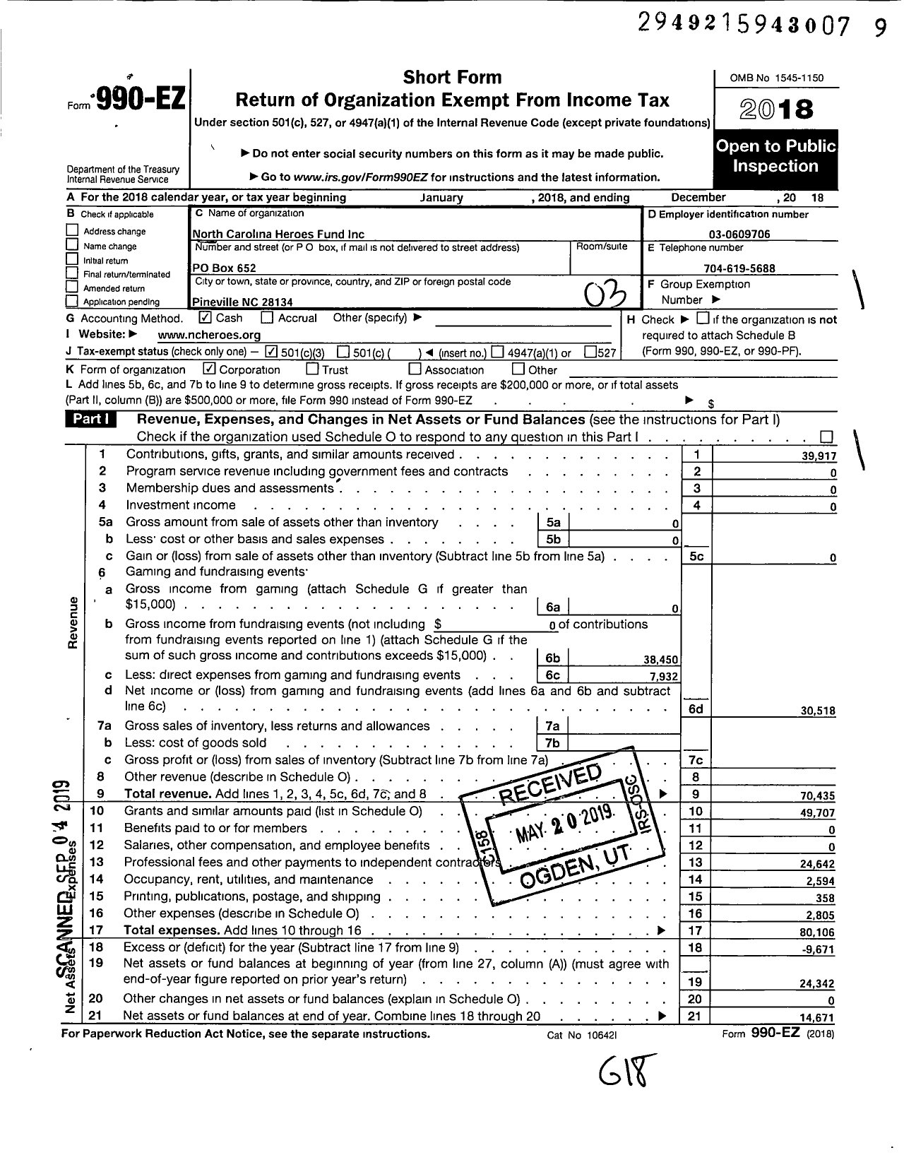 Image of first page of 2018 Form 990EZ for North Carolina Heroes' Fund