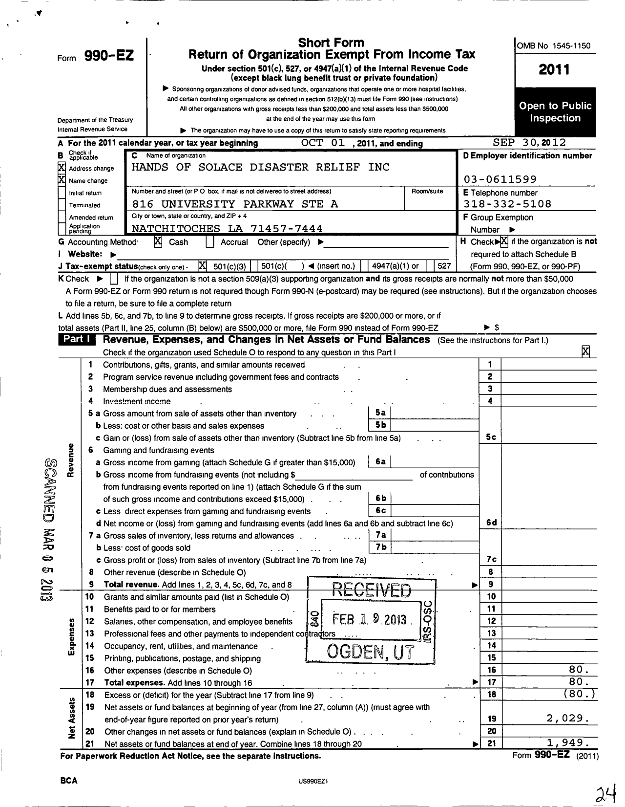 Image of first page of 2011 Form 990EZ for Hands of Solace Disaster Relief