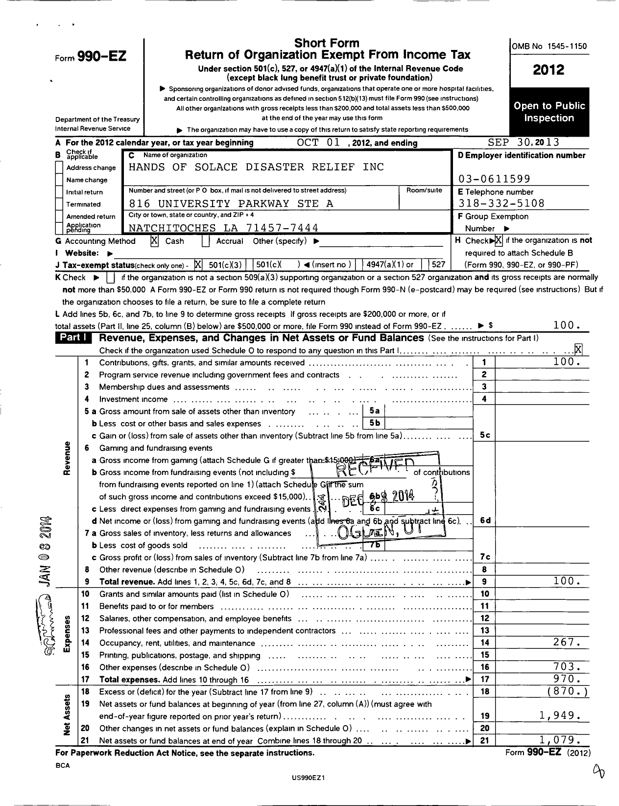 Image of first page of 2012 Form 990EZ for Hands of Solace Disaster Relief