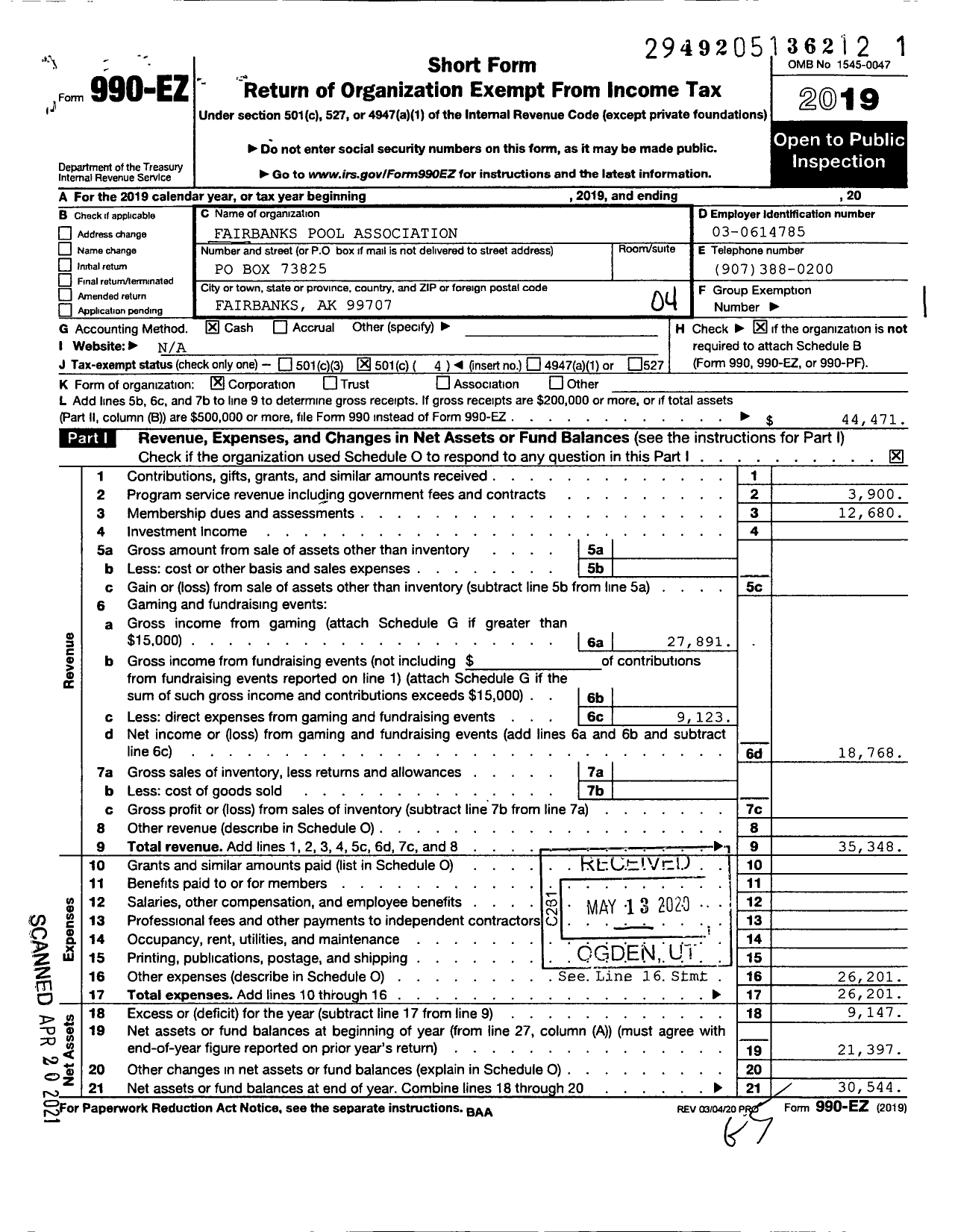 Image of first page of 2019 Form 990EO for Fairbanks Pool Association