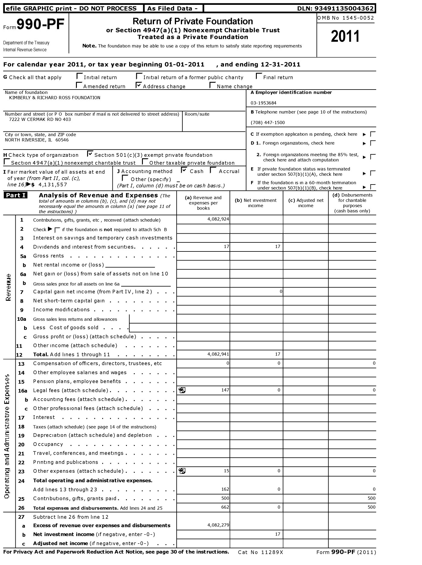 Image of first page of 2011 Form 990PF for Kimberly and Richard Ross Foundation