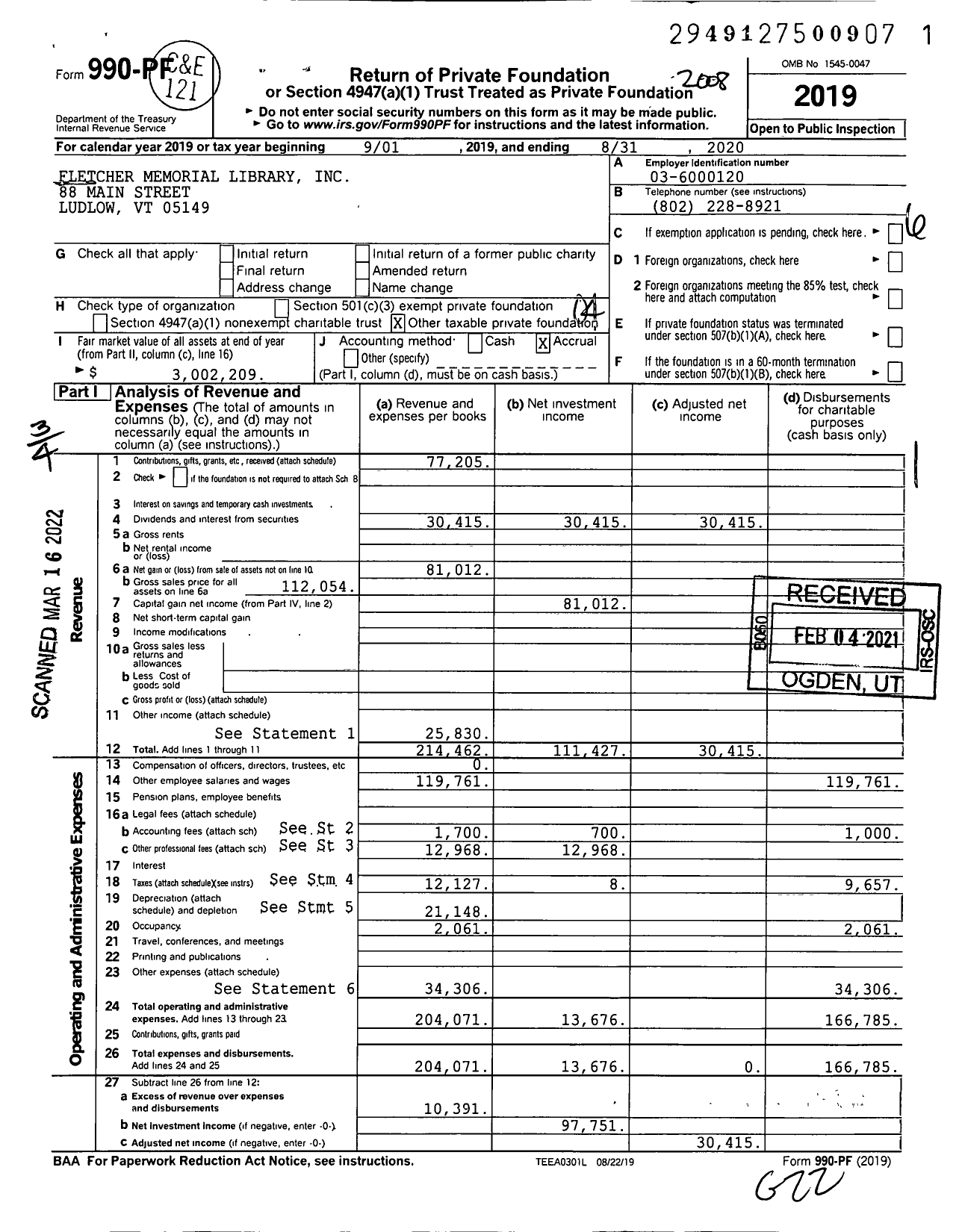 Image of first page of 2019 Form 990PF for Fletcher Memorial Library