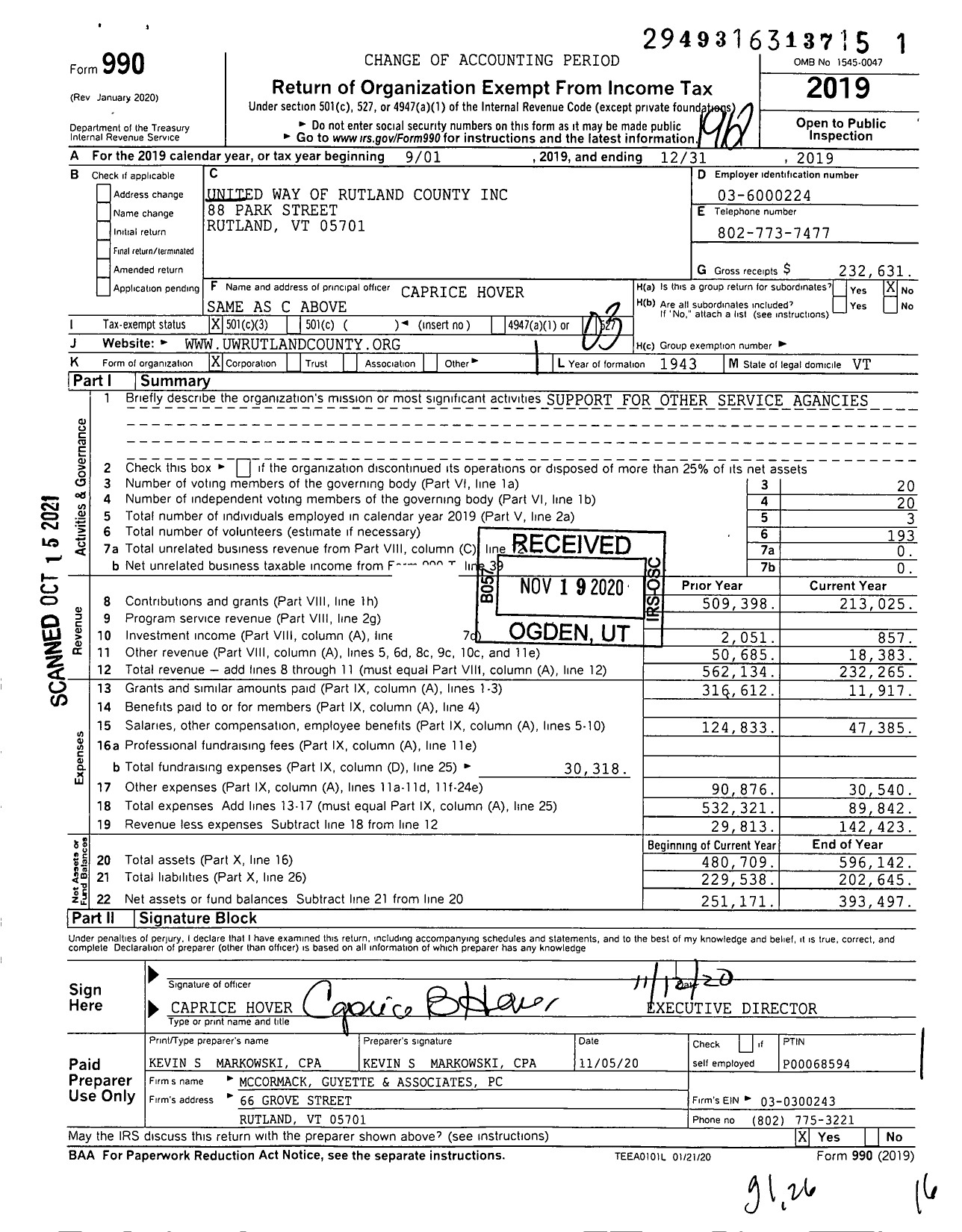 Image of first page of 2019 Form 990 for United Way of Rutland County