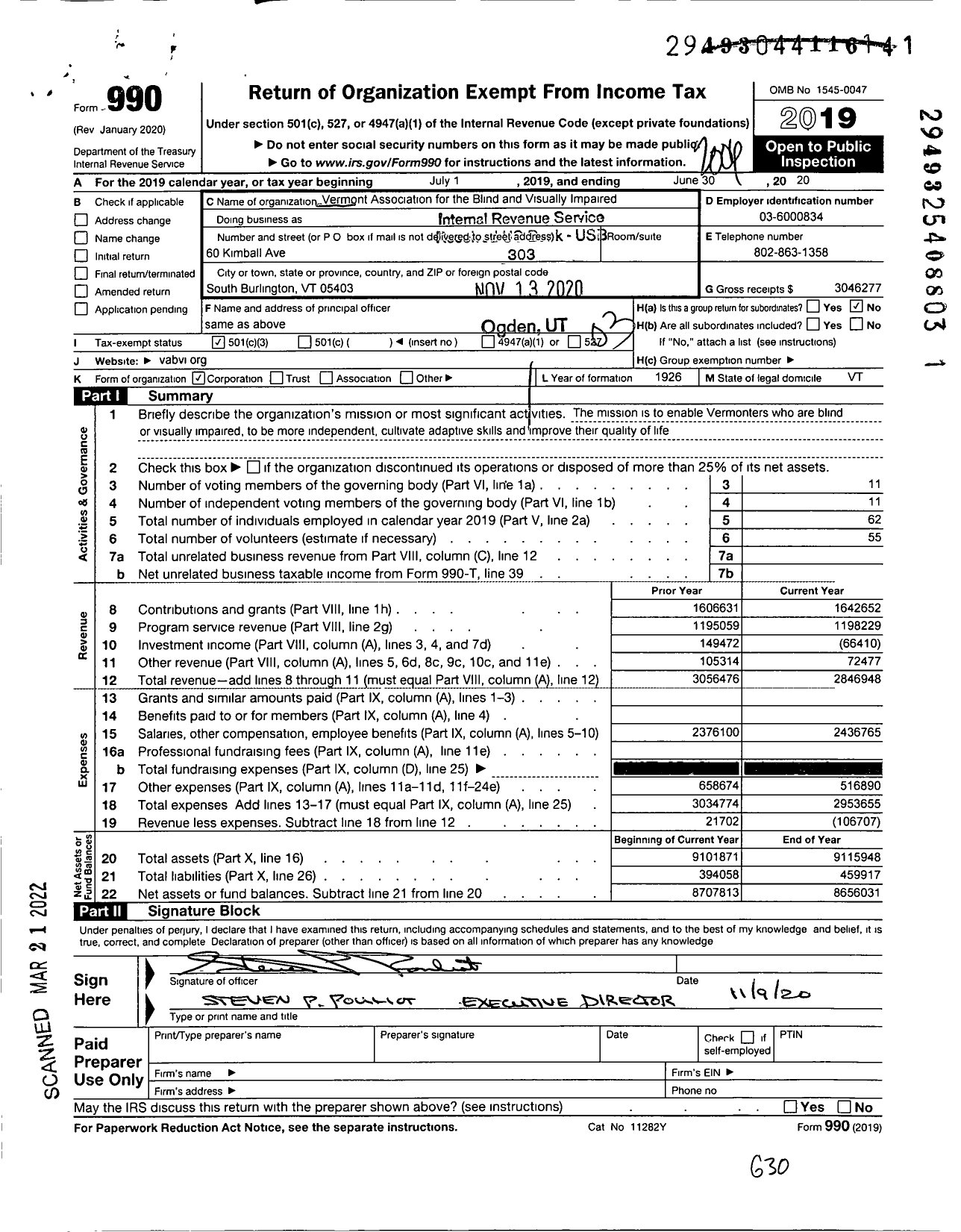 Image of first page of 2019 Form 990 for Vermont Association for the Blind and Visually Impaired