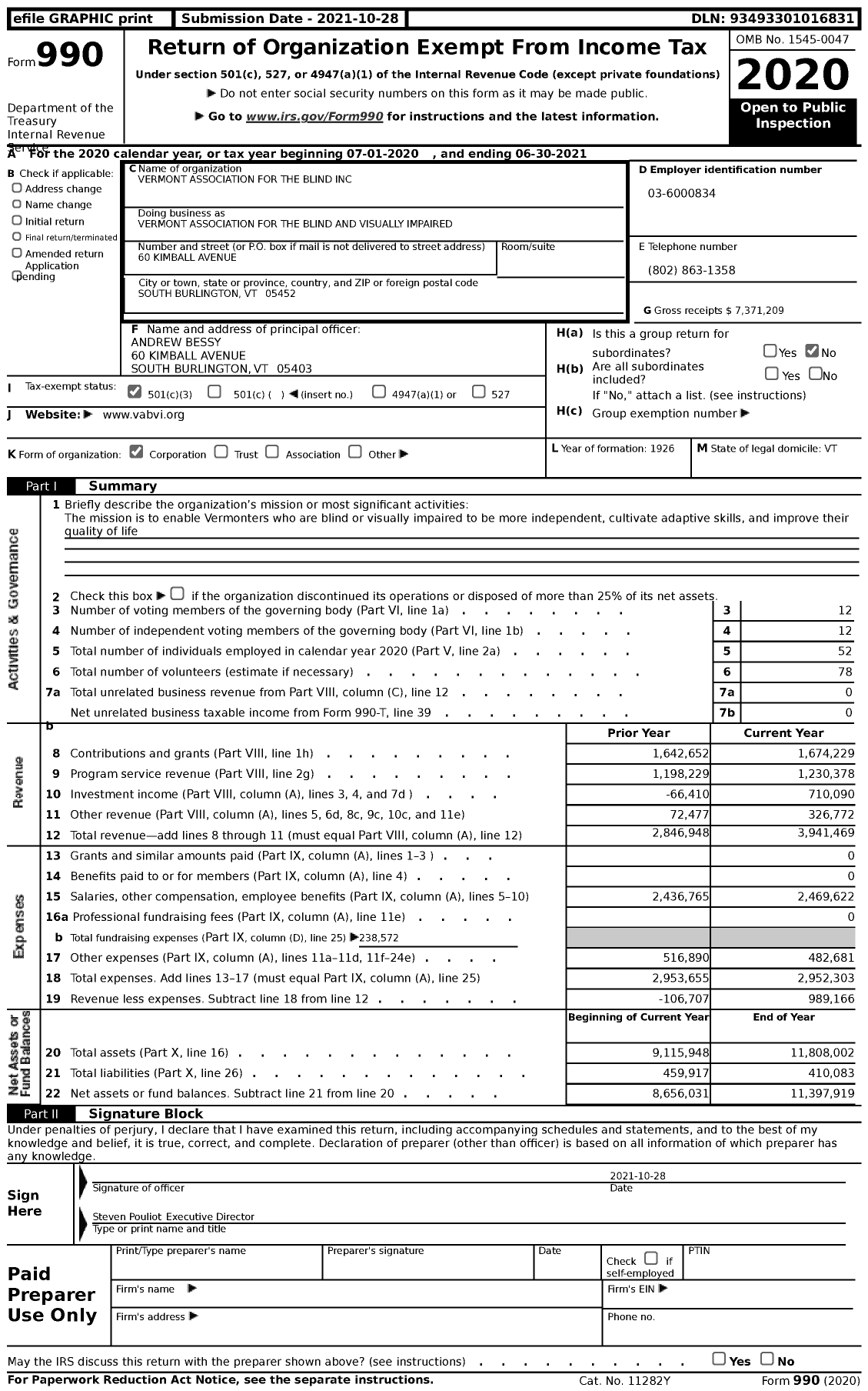 Image of first page of 2020 Form 990 for Vermont Association for the Blind and Visually Impaired