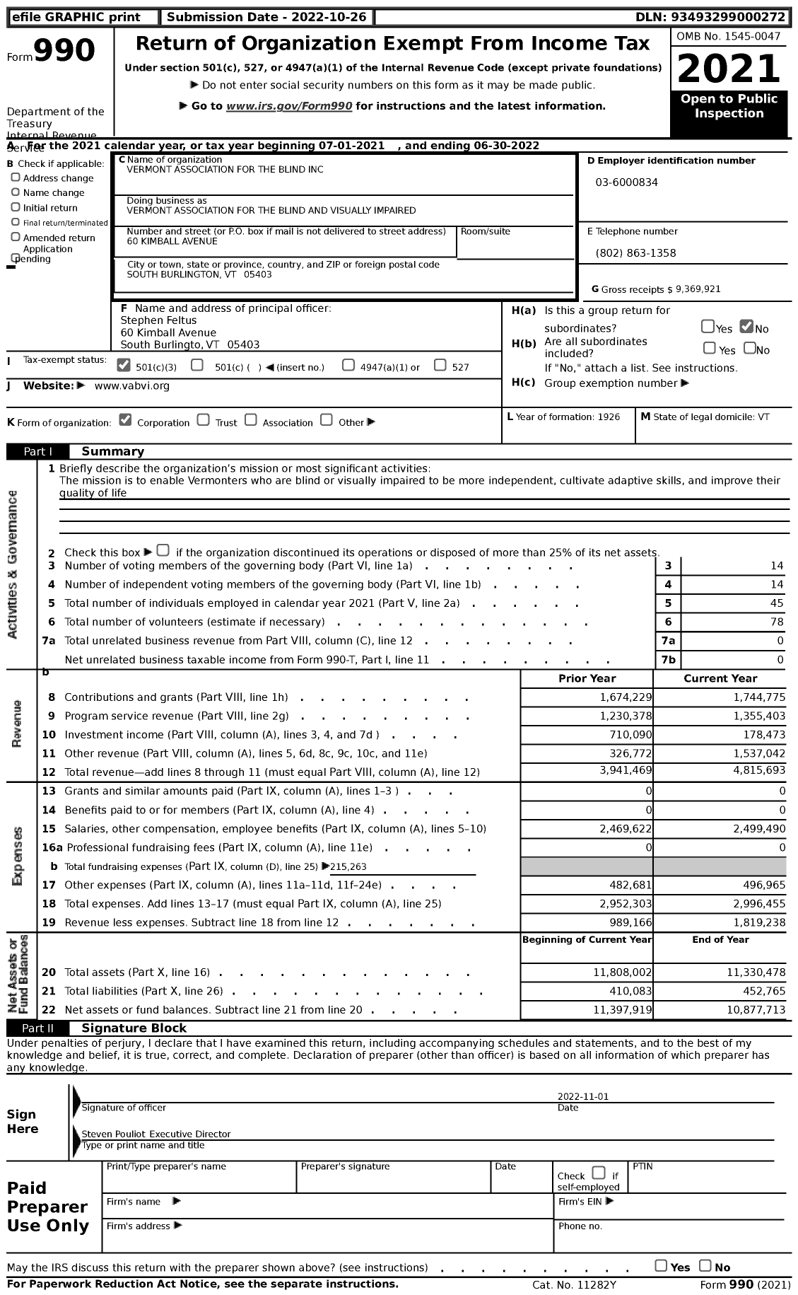 Image of first page of 2021 Form 990 for Vermont Association for the Blind and Visually Impaired