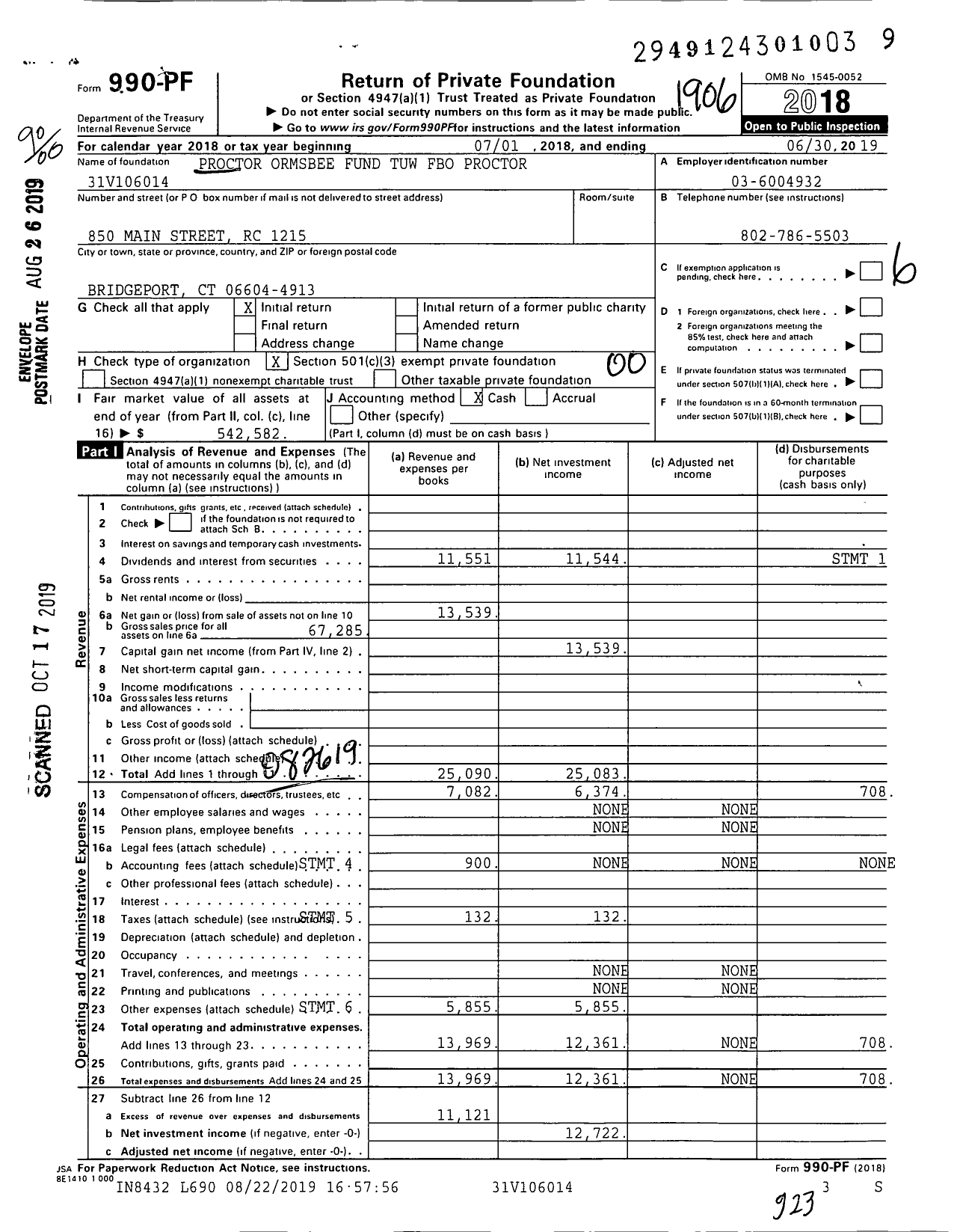 Image of first page of 2018 Form 990PF for Proctor Ormsbee Fund Tuw Fbo Proctor