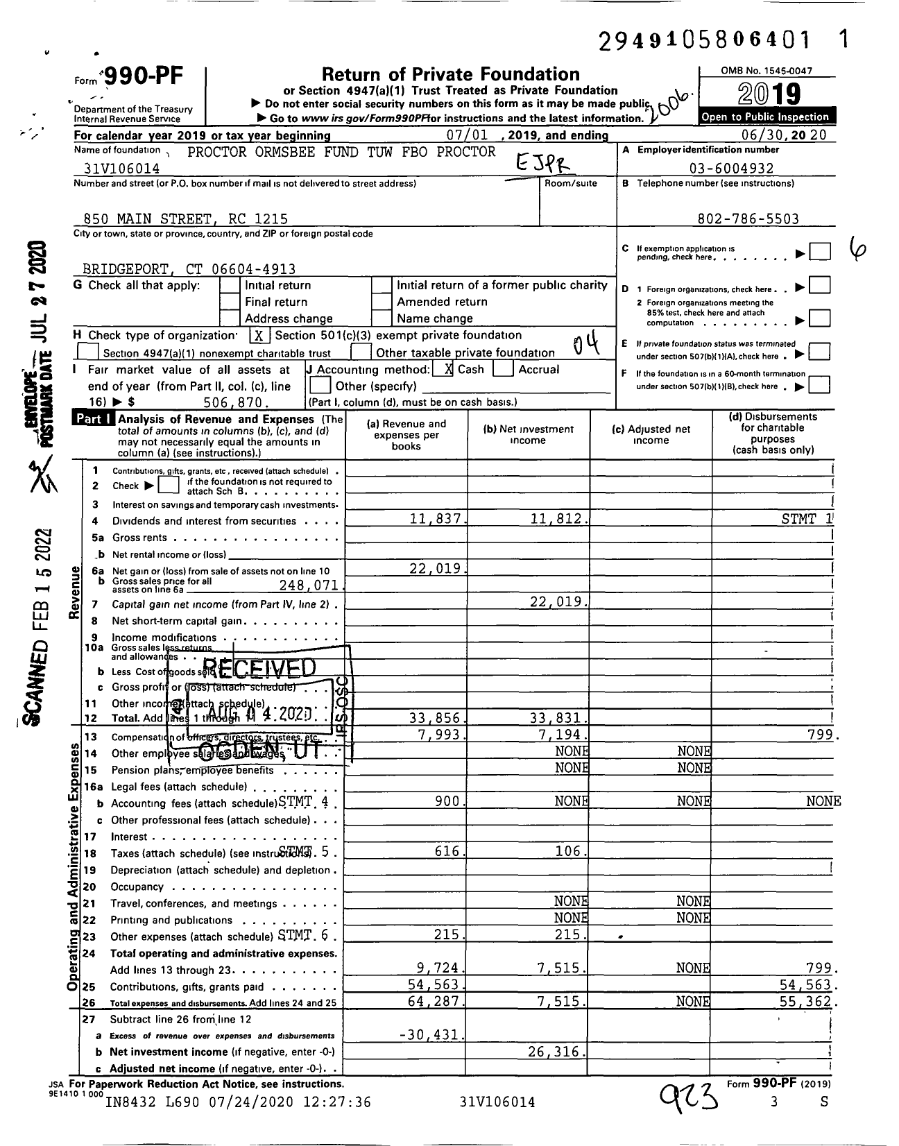 Image of first page of 2019 Form 990PF for Proctor Ormsbee Fund Tuw Fbo Proctor