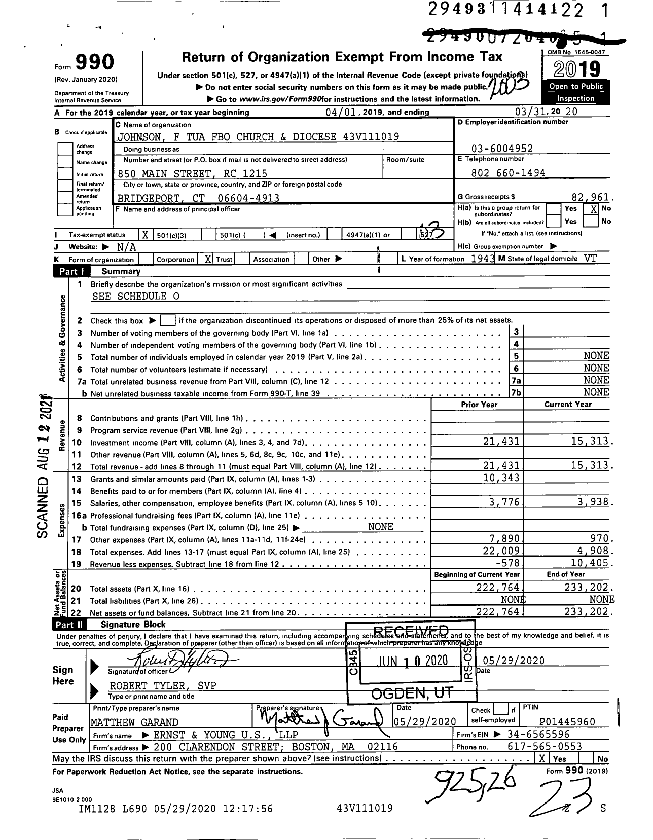 Image of first page of 2019 Form 990 for Johnson F Tua Fbo Church and Diocese