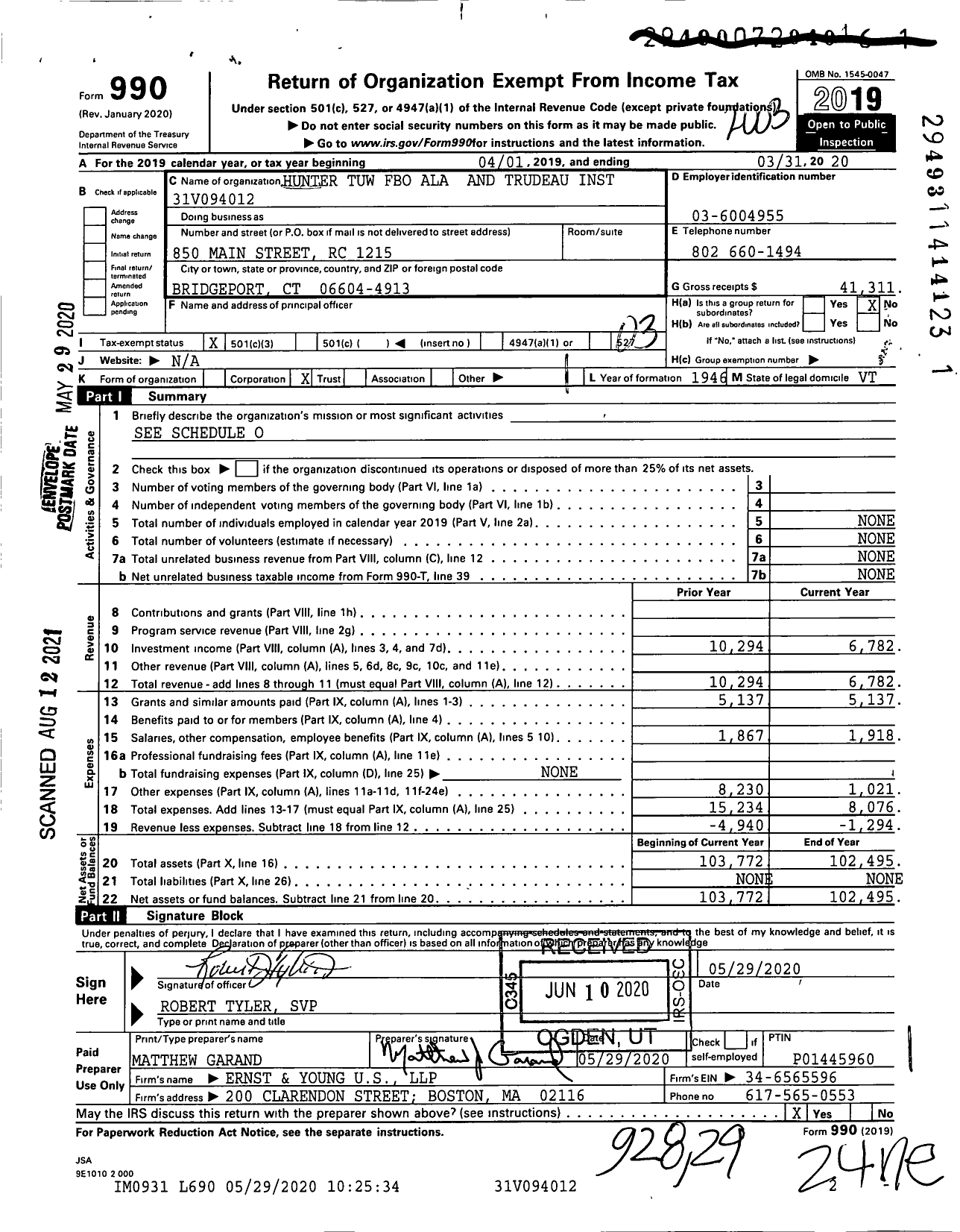 Image of first page of 2019 Form 990 for Hunter Tuw Fbo Ala and Trudeau Inst