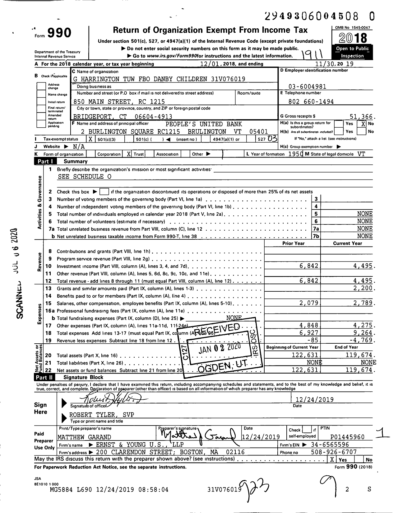 Image of first page of 2018 Form 990 for G Harrington Tuw Fbo Danby Children