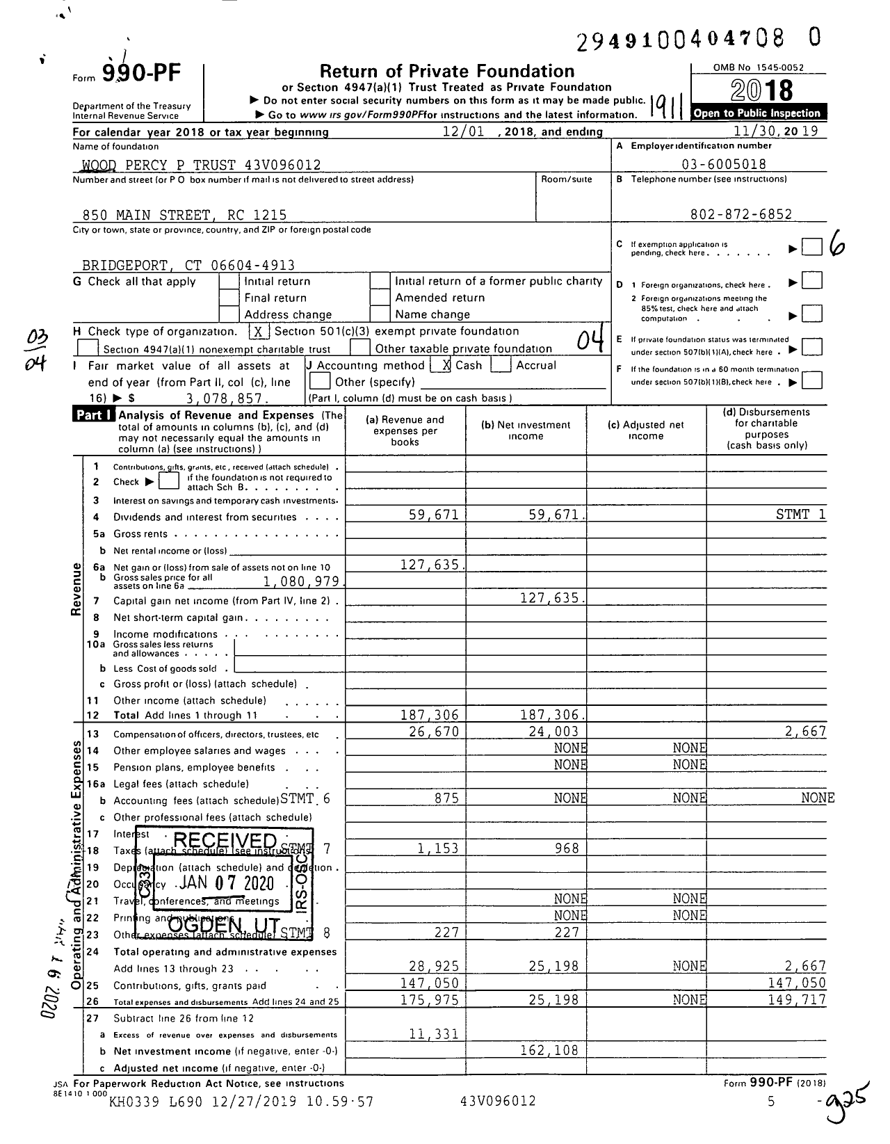 Image of first page of 2018 Form 990PR for Wood Percy P Trust