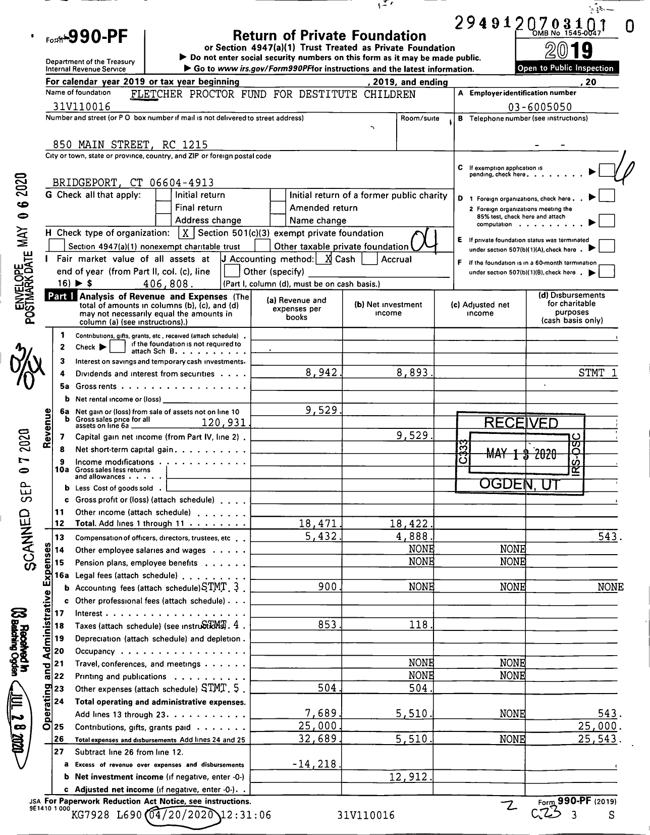 Image of first page of 2019 Form 990PR for Fletcher Proctor Fund for Destitute Children