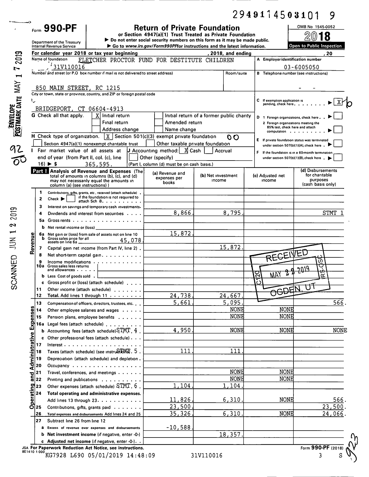 Image of first page of 2018 Form 990PF for Fletcher Proctor Fund for Destitute Children