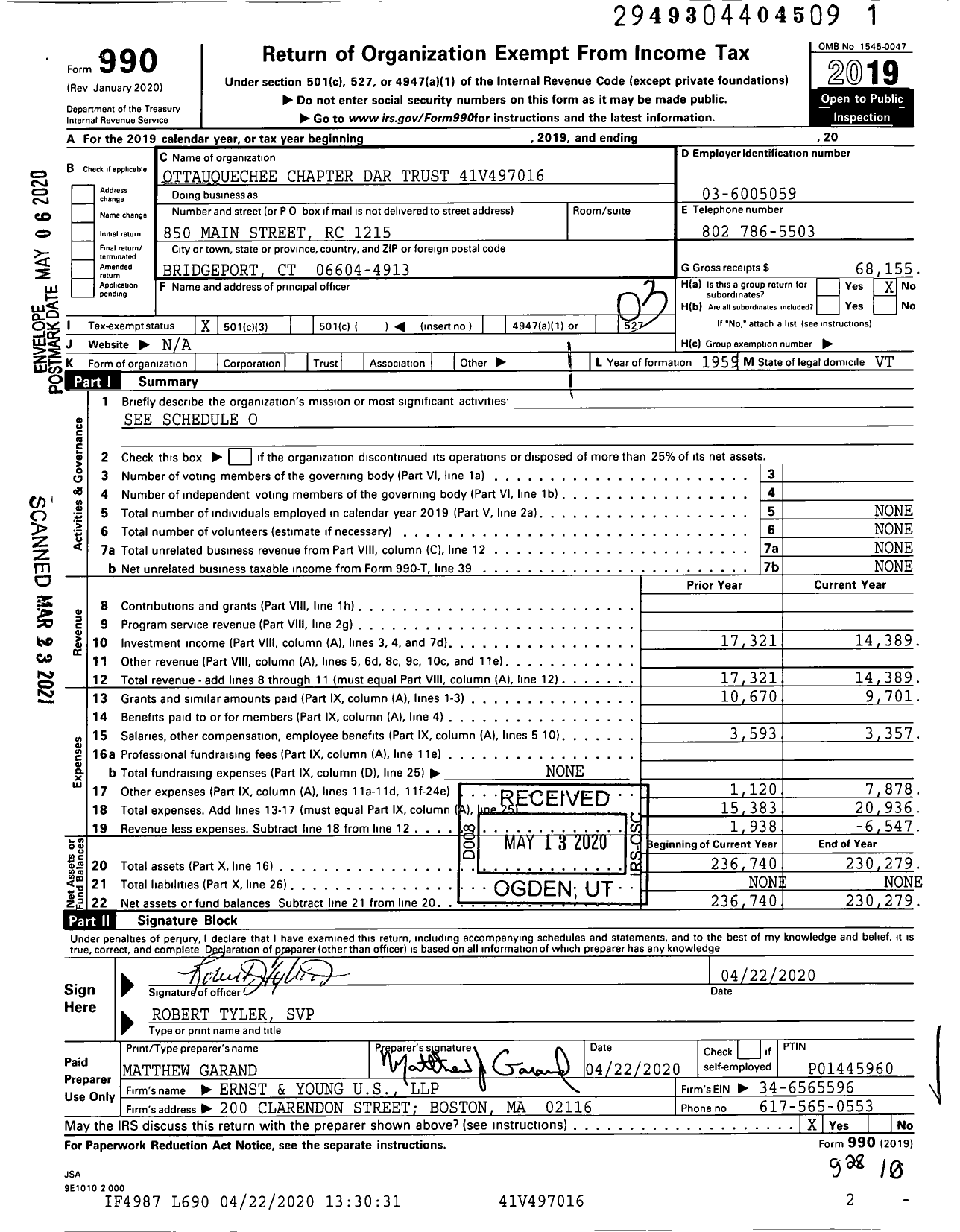 Image of first page of 2019 Form 990 for Ottauquechee Chapter Dar Trust