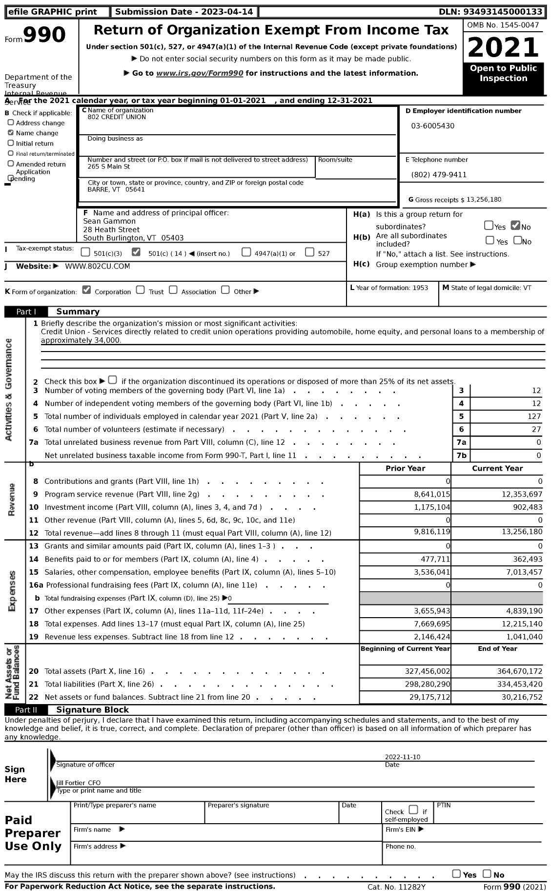 Image of first page of 2021 Form 990 for 802 Credit Union