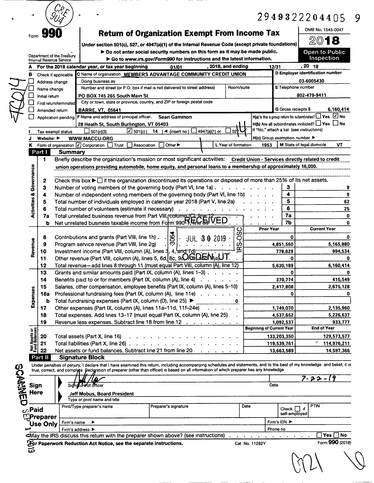 Image of first page of 2018 Form 990O for 802 Credit Union