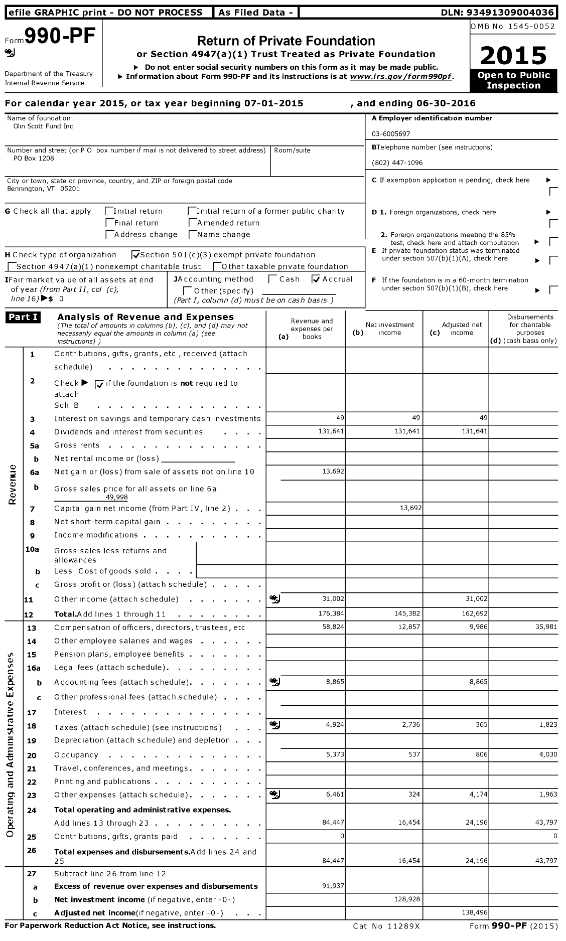 Image of first page of 2015 Form 990PF for Olin Scott Fund