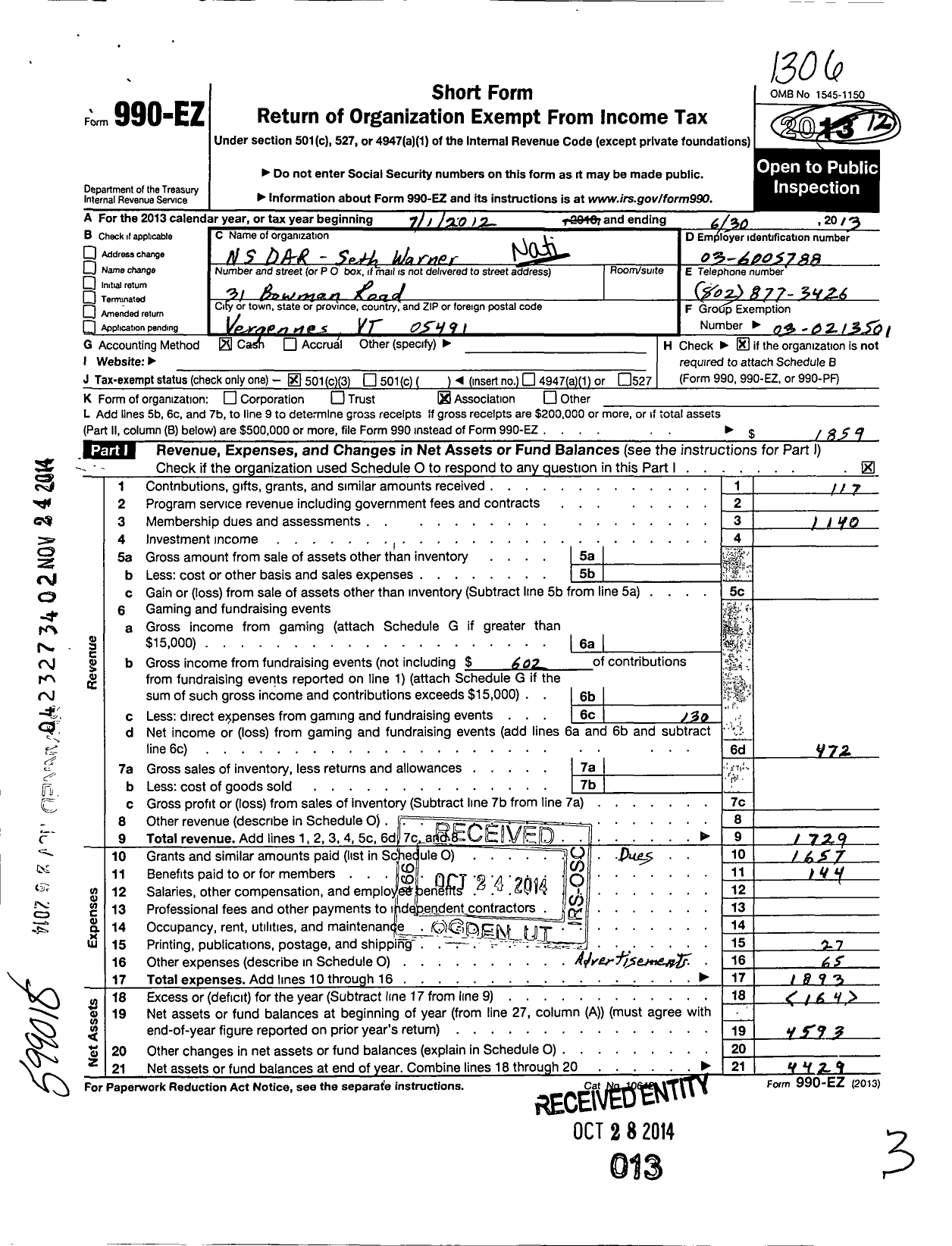 Image of first page of 2012 Form 990EZ for Daughters of the American Revolution - Seth Warner Dar