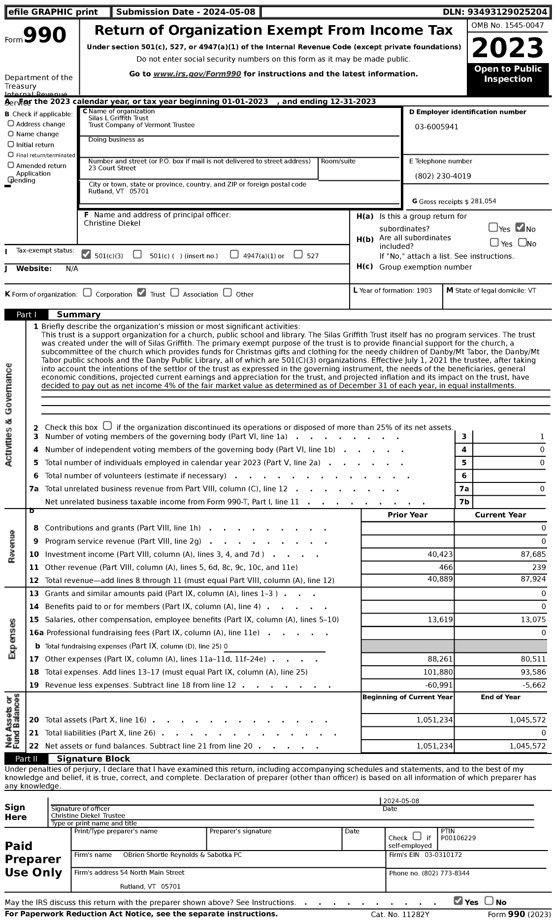 Image of first page of 2023 Form 990 for Silas L Griffith Trust Trust Company of Vermont Trustee