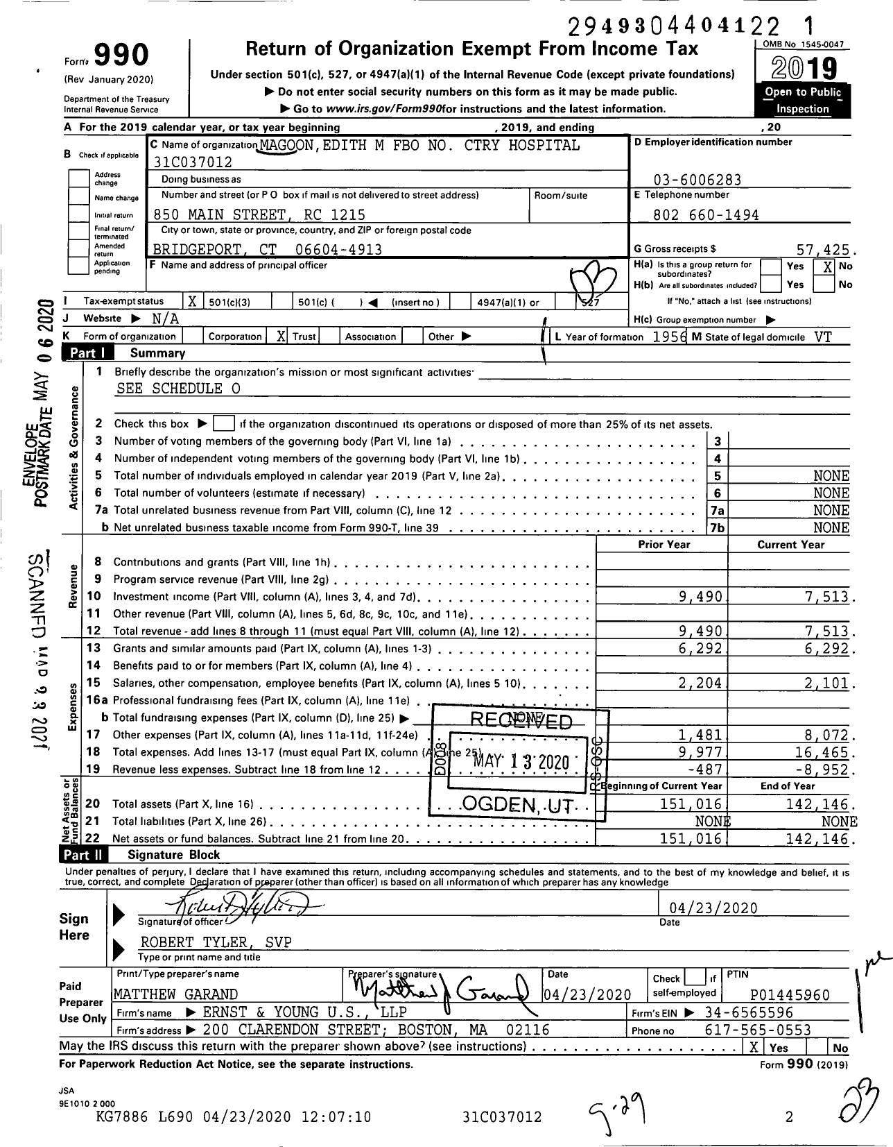 Image of first page of 2019 Form 990 for Magoonedith M Fbo No Ctry Hospital