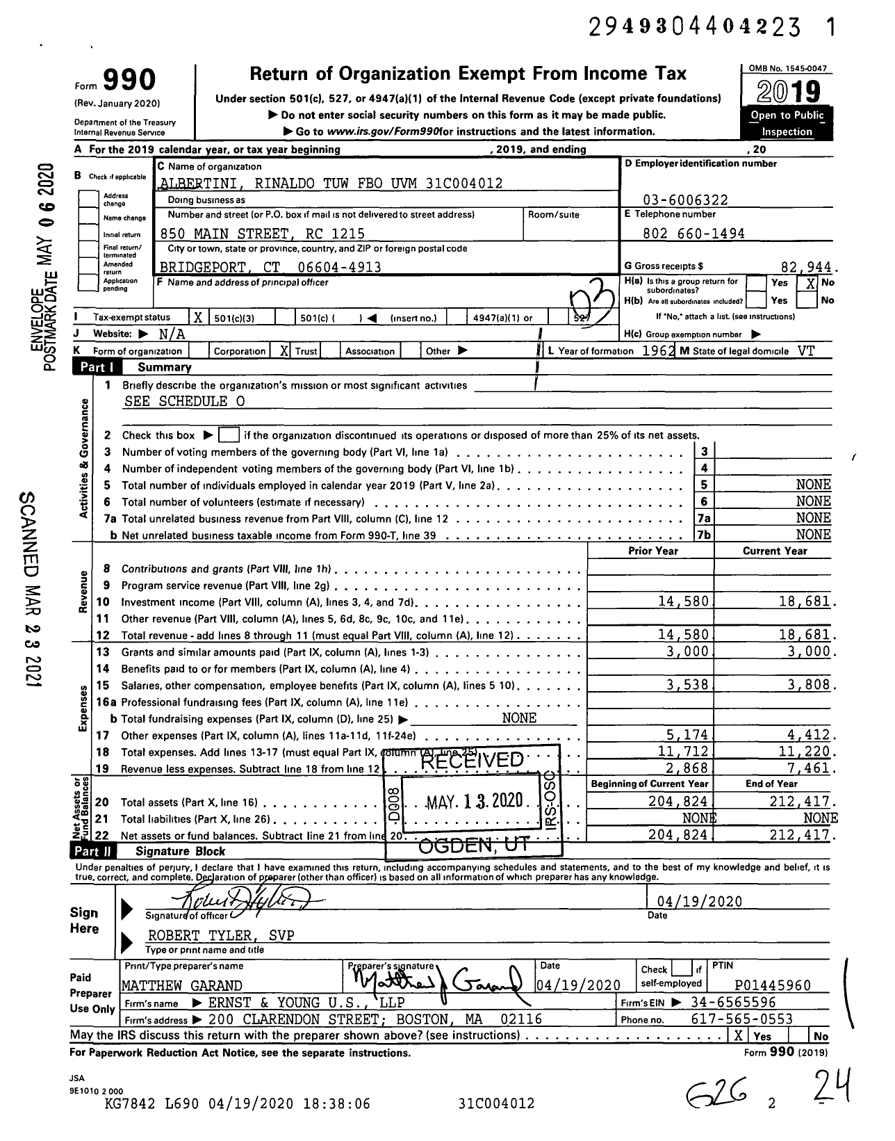 Image of first page of 2019 Form 990 for Albertini Rinaldo Tuw Fbo Uvm