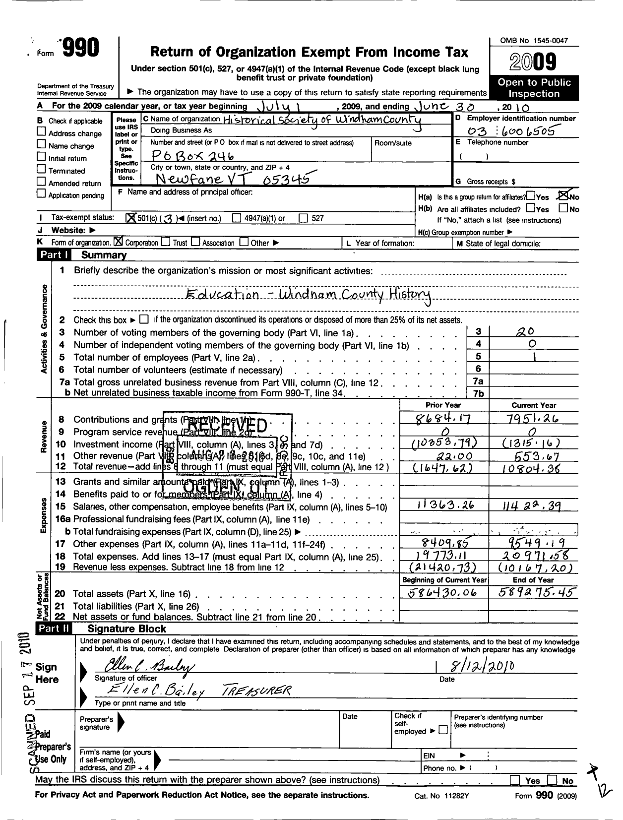 Image of first page of 2009 Form 990 for Historical Society of Windham County