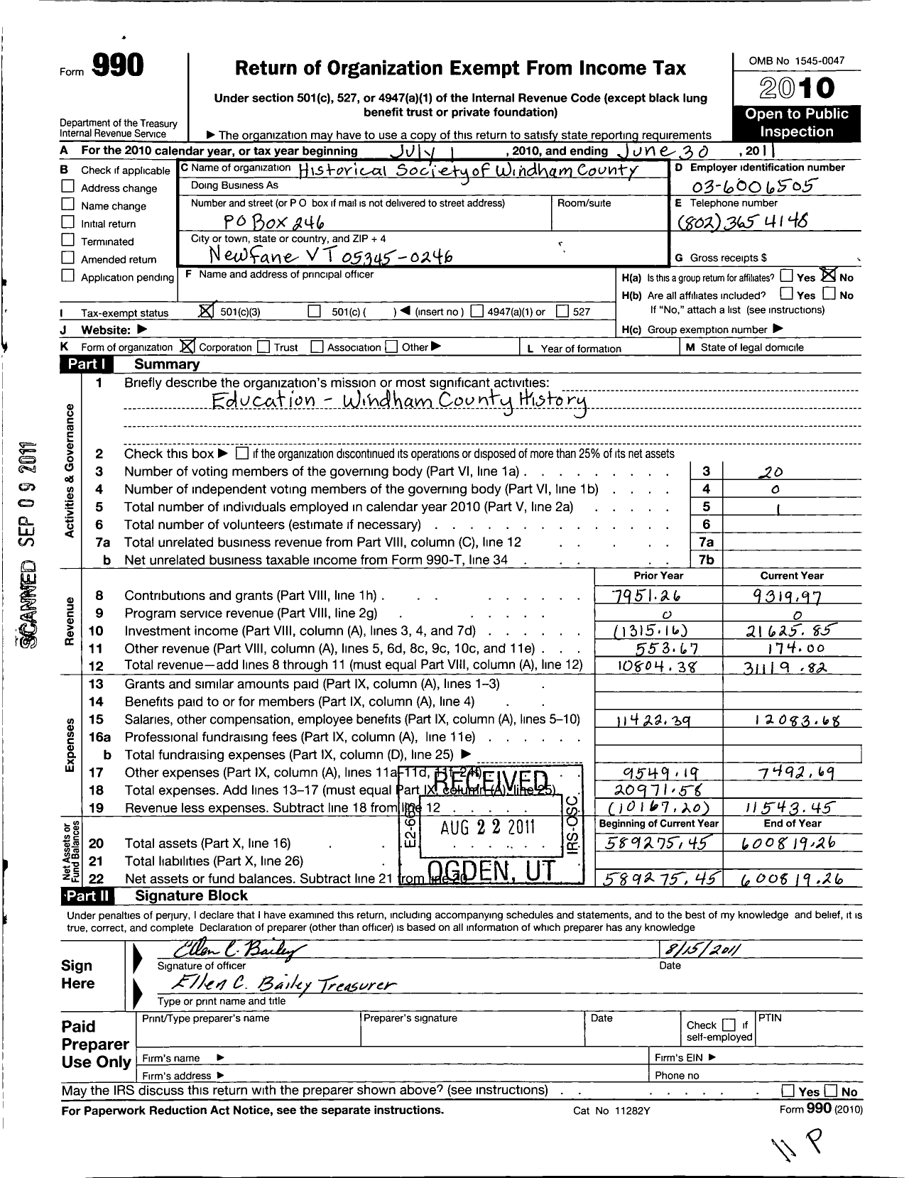 Image of first page of 2010 Form 990 for Historical Society of Windham County