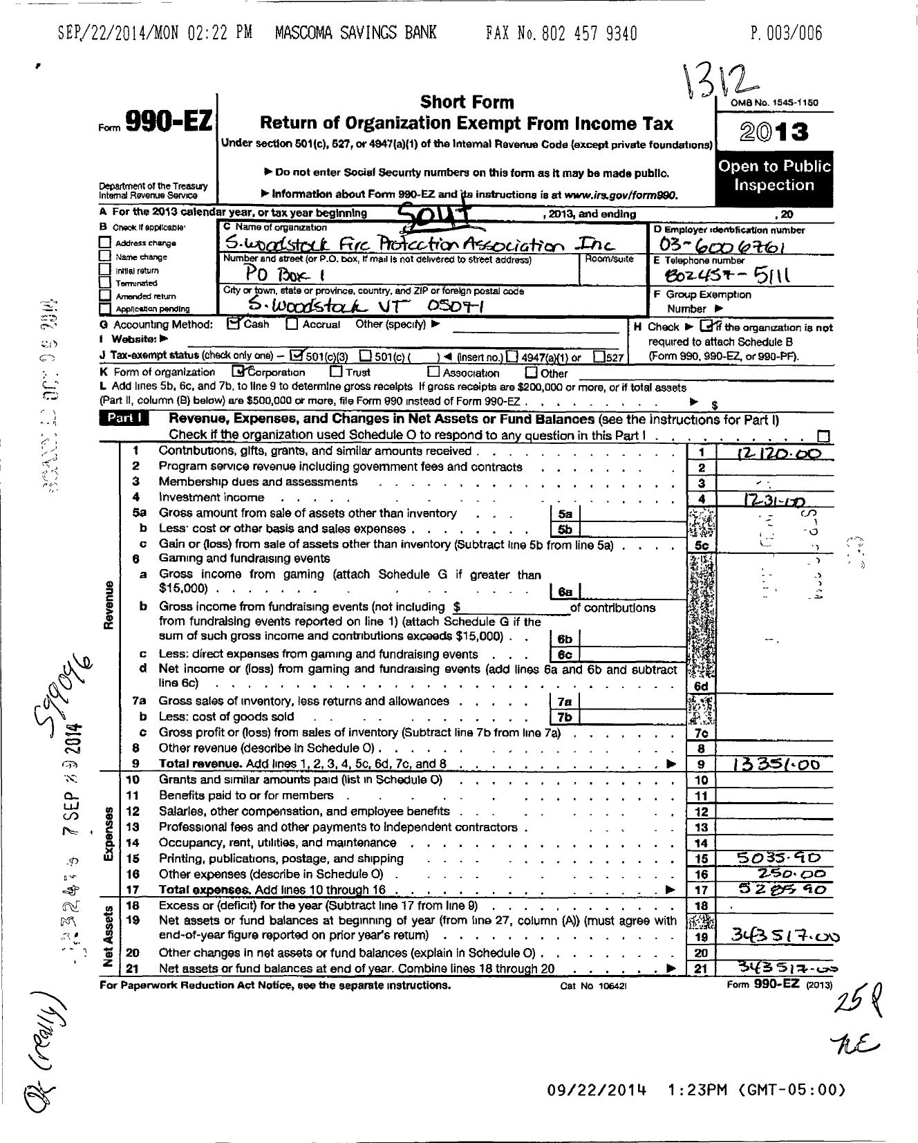 Image of first page of 2013 Form 990EZ for South Woodstock Fire Protection Association