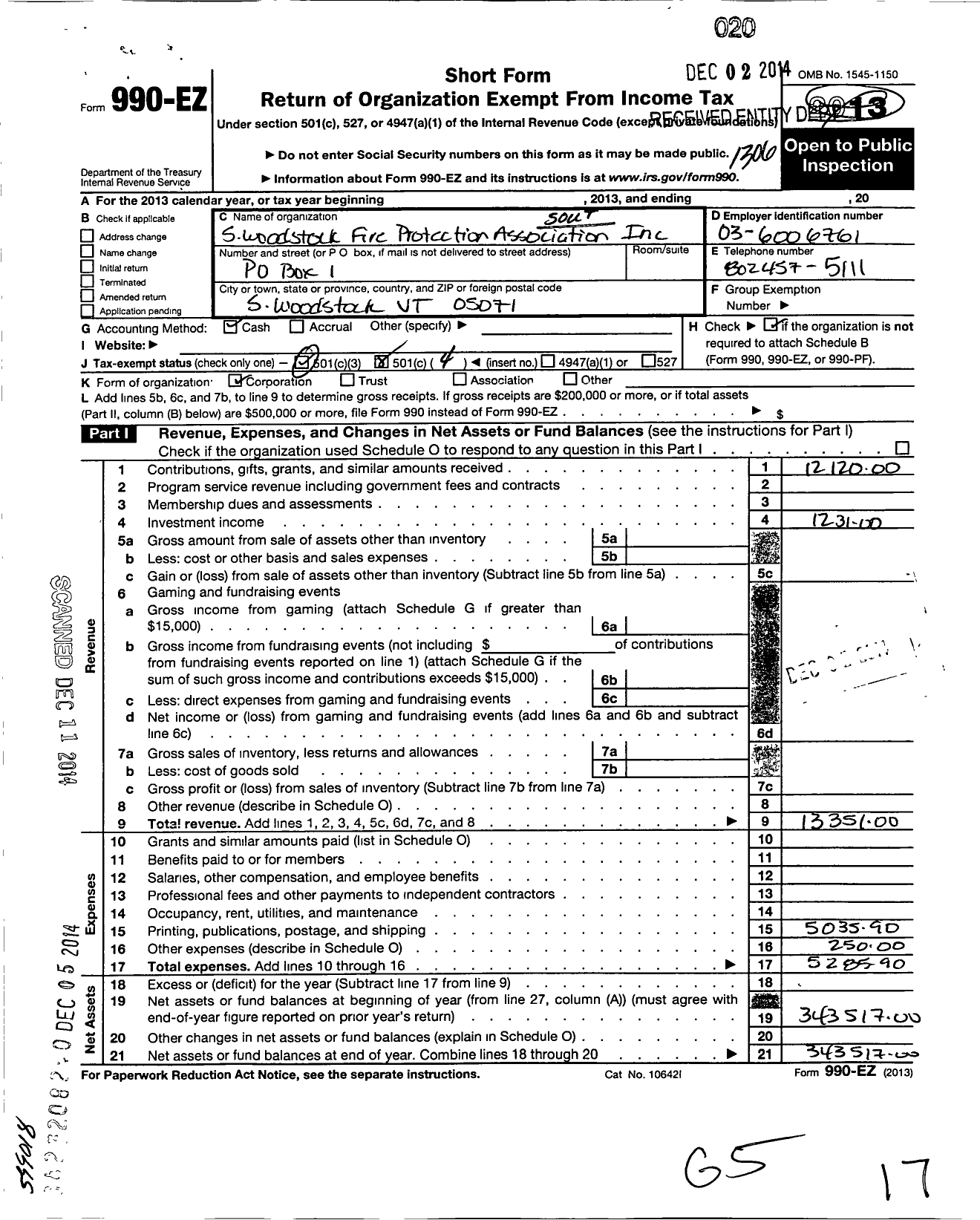 Image of first page of 2012 Form 990EO for South Woodstock Fire Protection Association