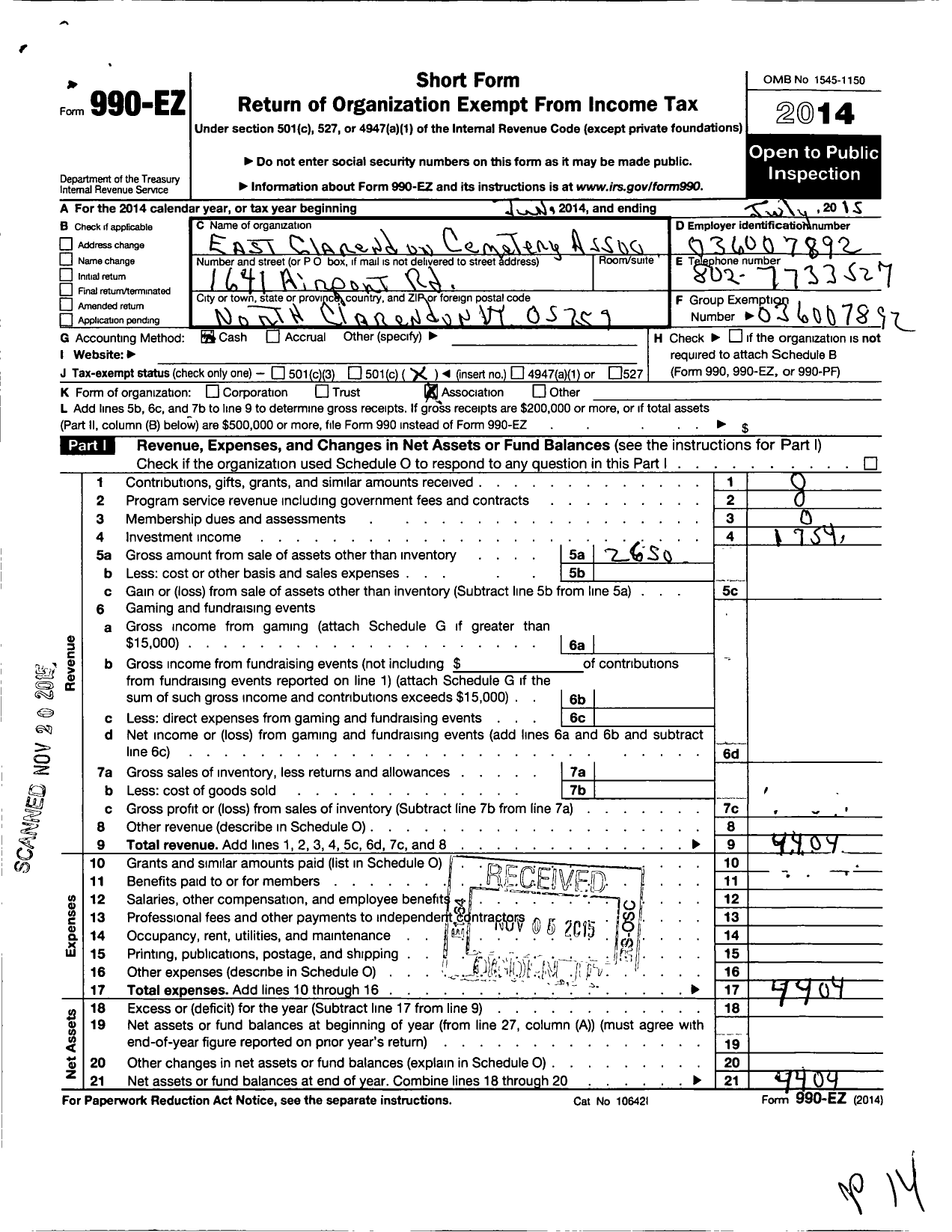 Image of first page of 2014 Form 990EO for East Clarendon Cemetery Association