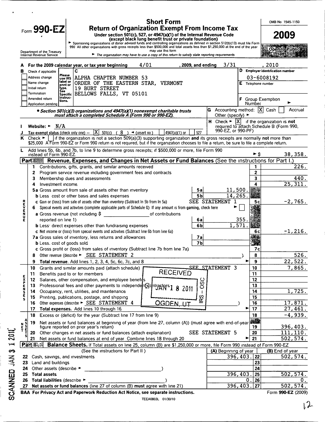 Image of first page of 2009 Form 990EO for Order of the Eastern Star of VT Grand Chapter - 53 Alpha Chapter